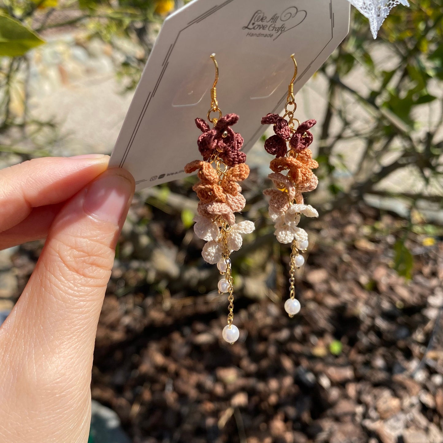Load image into Gallery viewer, 4 shades of Brown and Beige ombre flower cluster crochet dangle earrings/Microcrochet/14k gold/gift for her/Knitting handmade jewelry
