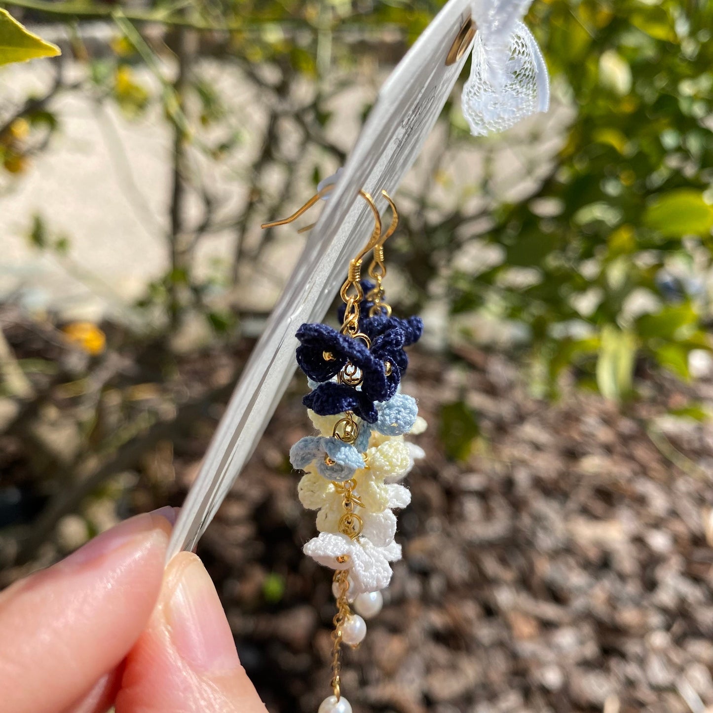 4 shades of Nautical navy ombre flower cluster crochet dangle earrings/Microcrochet/14k gold/gift for her/Knitting handmade jewelry