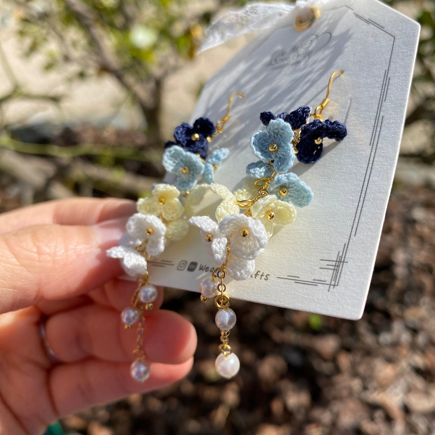 4 shades of Nautical navy ombre flower cluster crochet dangle earrings/Microcrochet/14k gold/gift for her/Knitting handmade jewelry