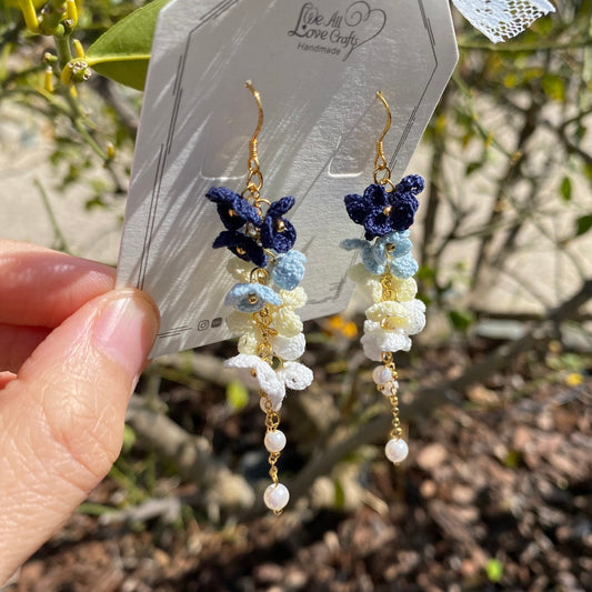 4 shades of Nautical navy ombre flower cluster crochet dangle earrings/Microcrochet/14k gold/gift for her/Knitting handmade jewelry