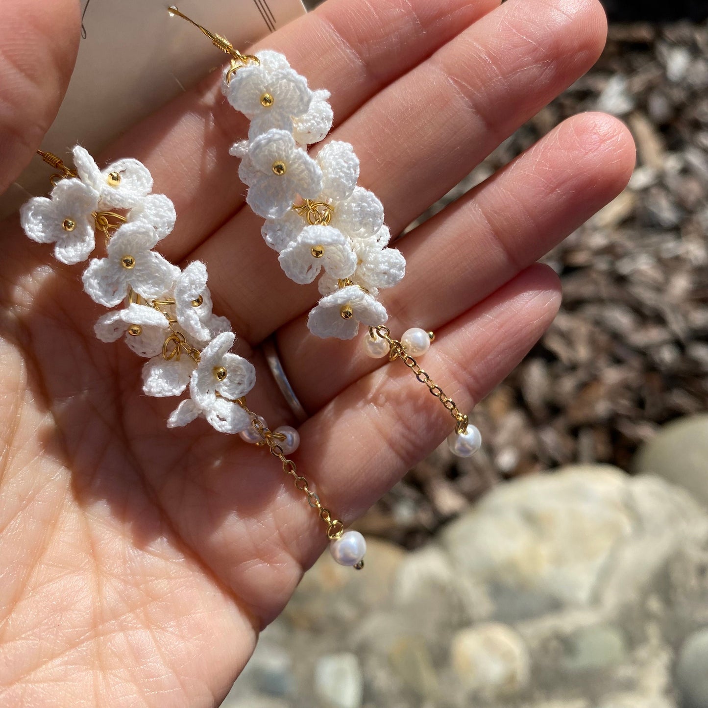 Pure crystal white flower cluster crochet dangle earrings/Microcrochet/14k gold/gift for her/Knitting handmade jewelry/Ship from US