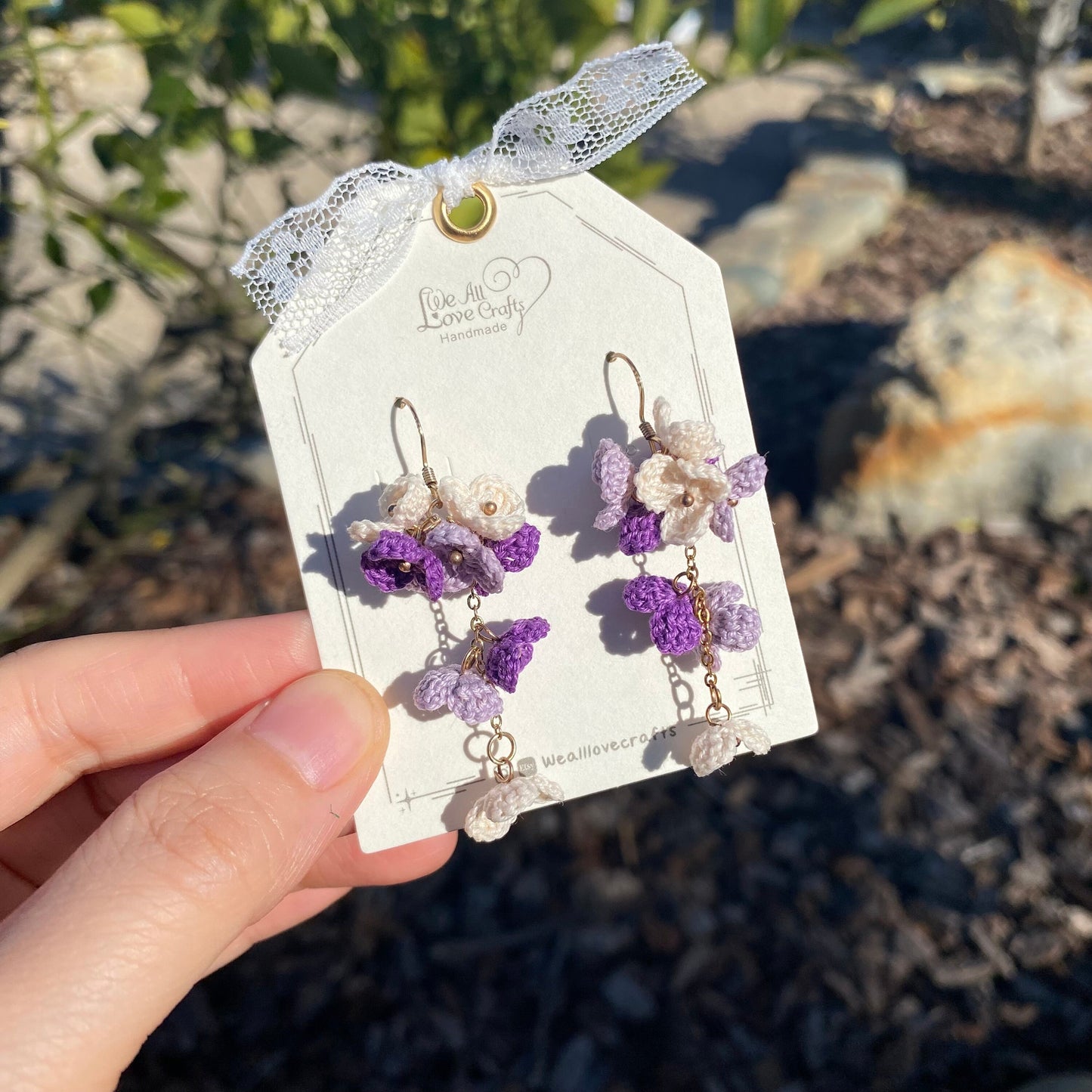 Purple ombre flower cluster crochet dangle earrings/Microcrochet/14k gold/gift for her/Knitting handmade jewelry
