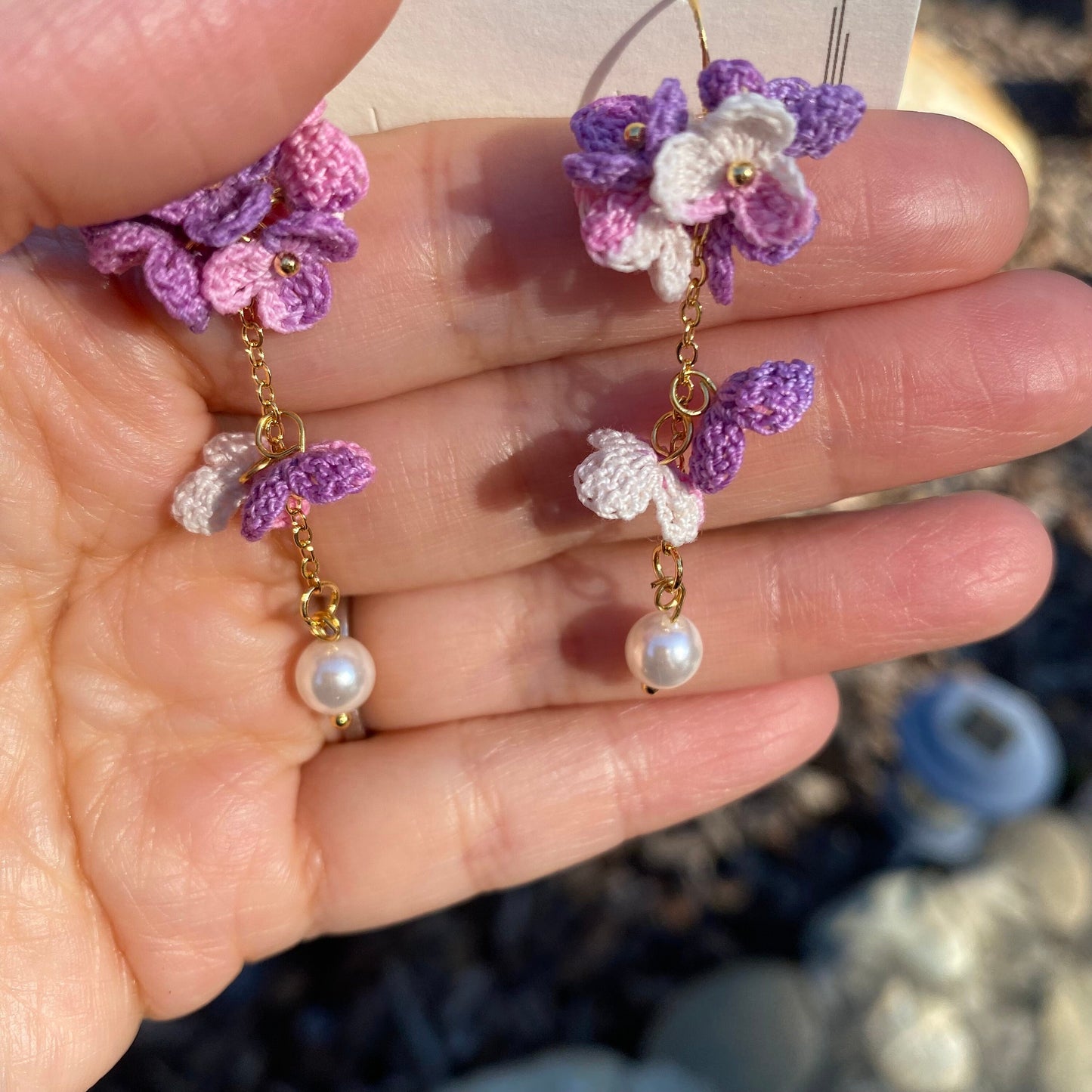 Purple and pink ombre flower cluster with pearl crochet dangle earrings/Microcrochet/14k gold plated/gift for her/Knitting handmade jewelry