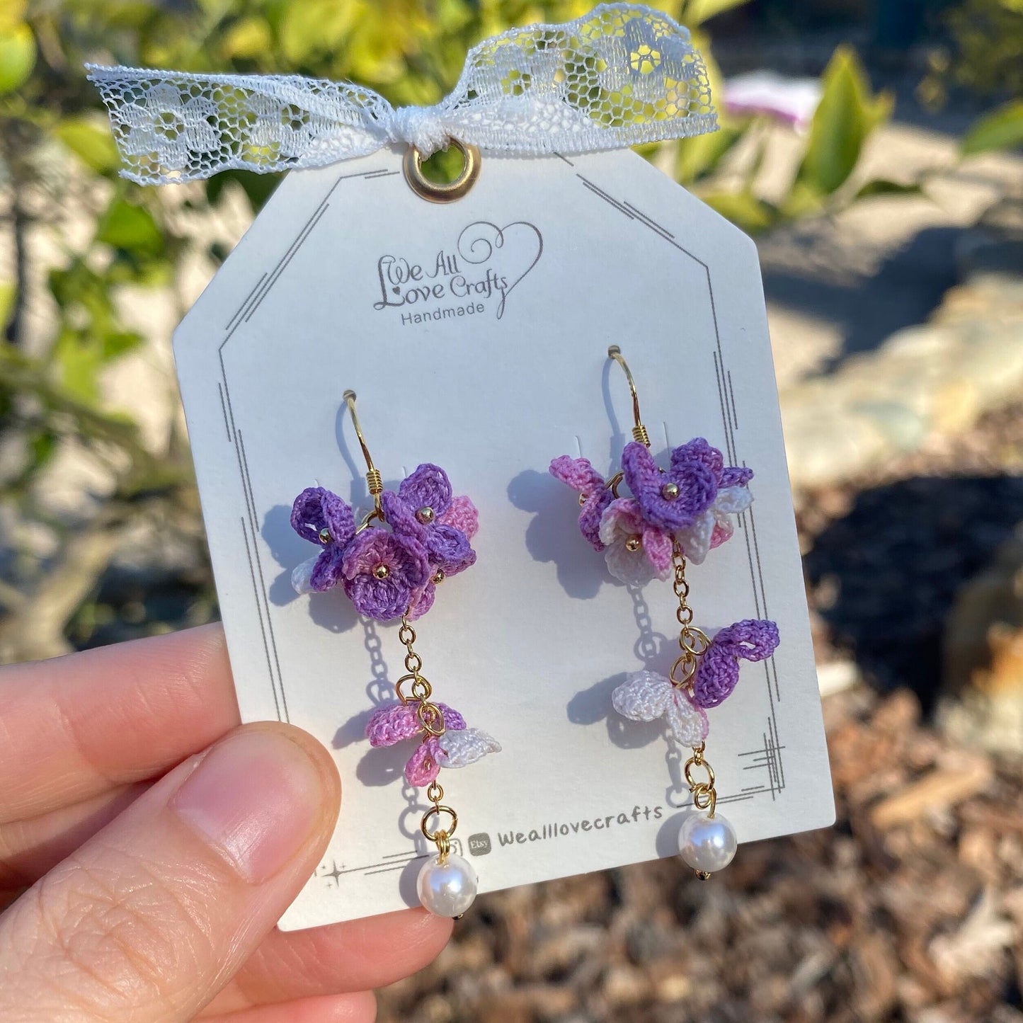 Purple and pink ombre flower cluster with pearl crochet dangle earrings/Microcrochet/14k gold plated/gift for her/Knitting handmade jewelry