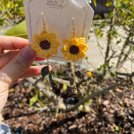 Larger Yellow Sunflower dangle earrings/Microcrochet/14k gold/fall flower gift for her/Knitting handmade jewelry/Ship from US