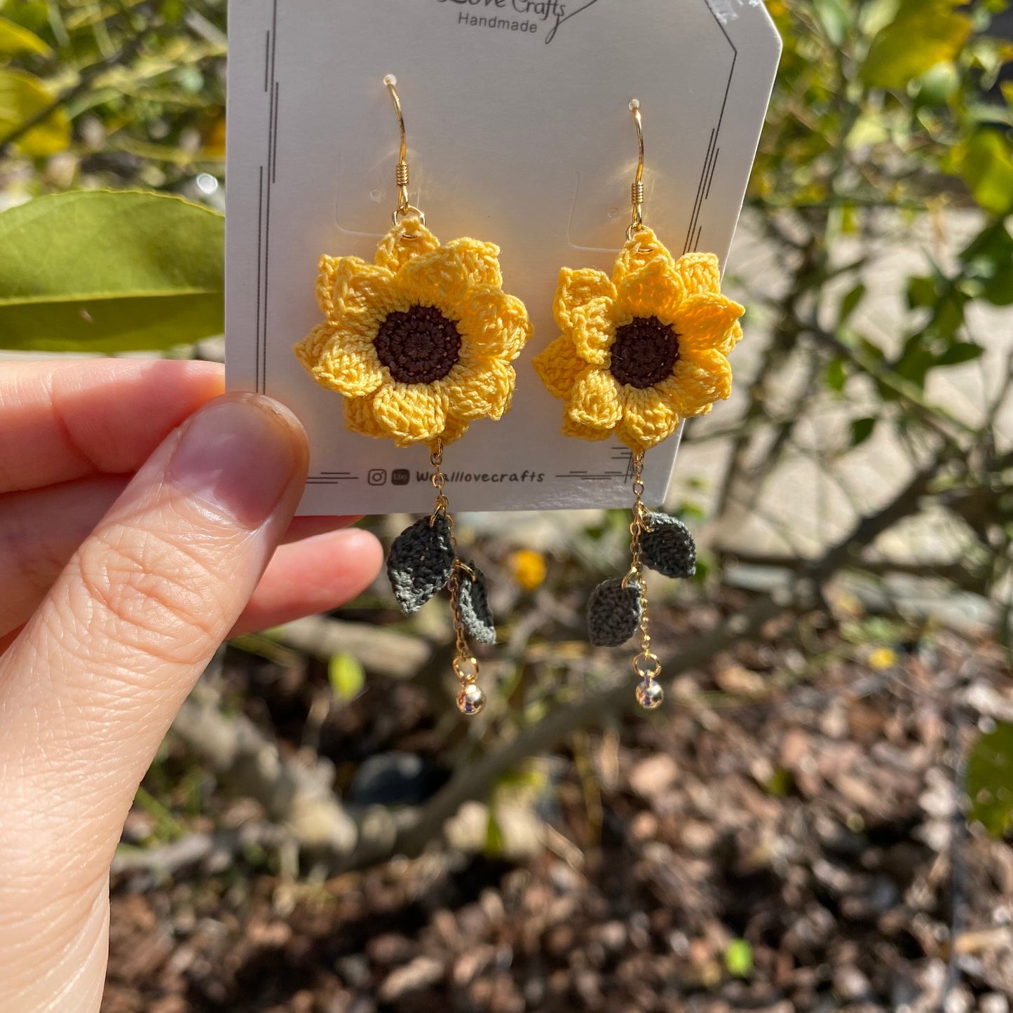 Larger Yellow Sunflower dangle earrings/Microcrochet/14k gold/fall flower gift for her/Knitting handmade jewelry/Ship from US