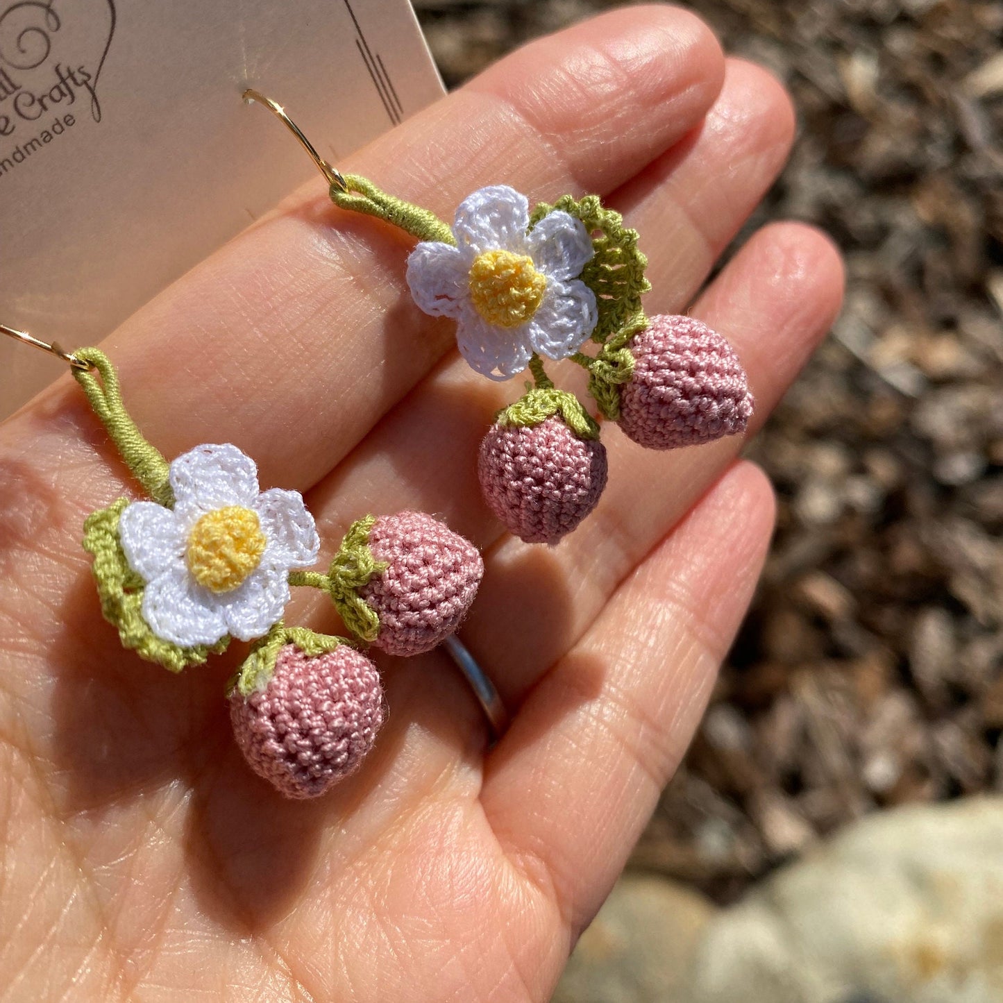 Pink twin Strawberry flower crochet dangle earrings/Microcrochet/14k gold jewelry/Summer berry fruit/Kawaii jewelry/Ship from US
