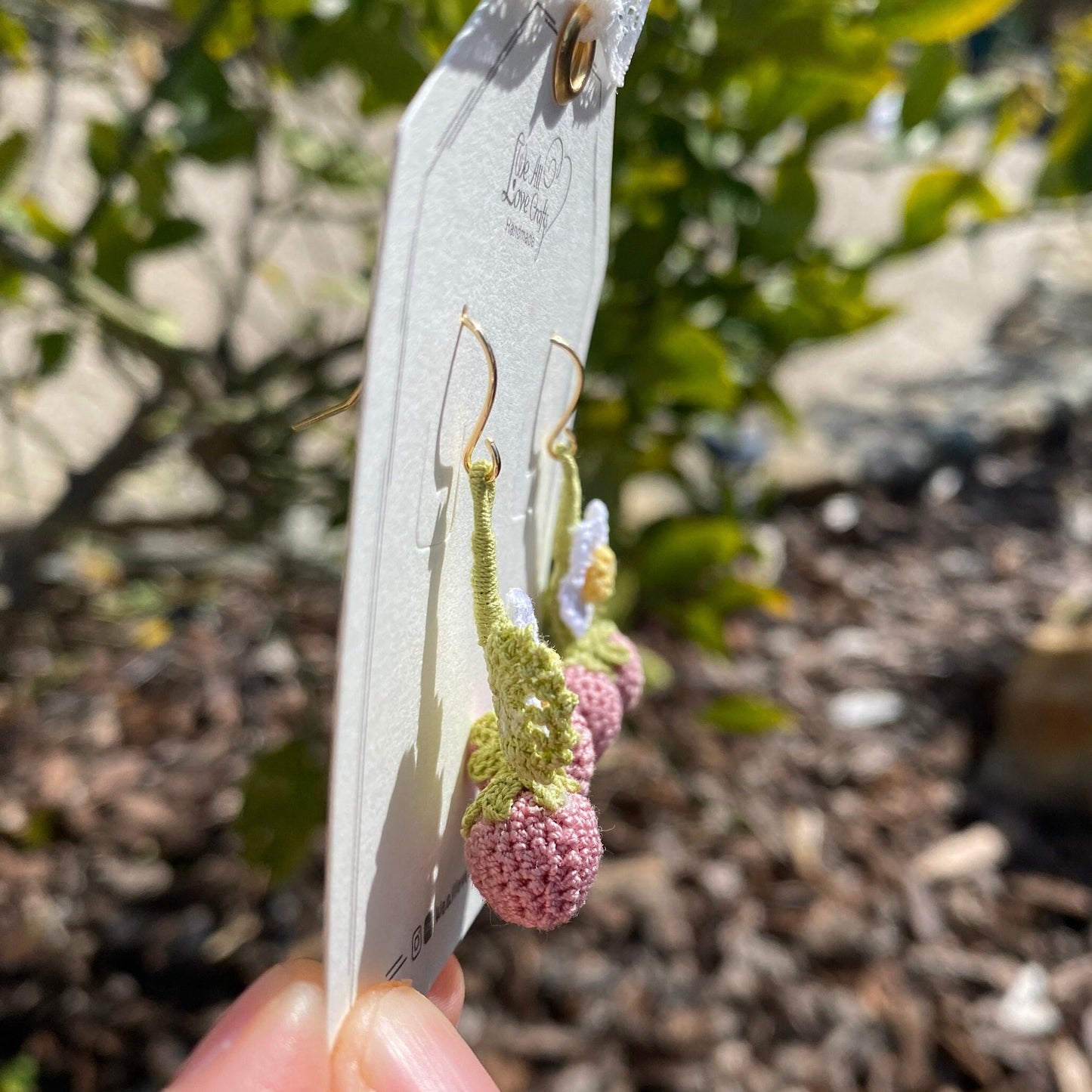 Pink twin Strawberry flower crochet dangle earrings/Microcrochet/14k gold jewelry/Summer berry fruit/Kawaii jewelry/Ship from US