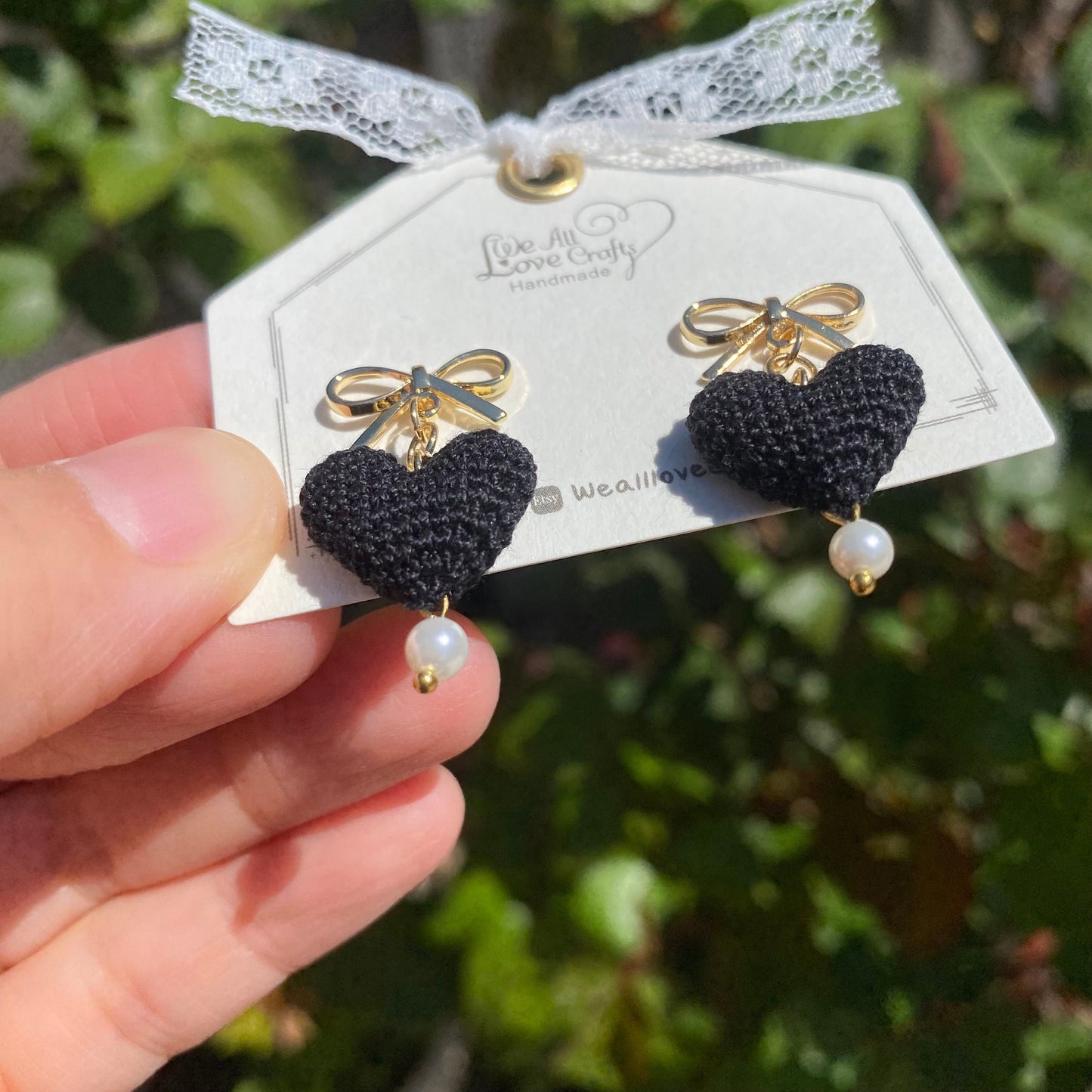 Black 3D heart with gold bow tie and pearl crochet stud earrings/Microcrochet/14k gold plated/gift for her/Knitting handmade jewelry