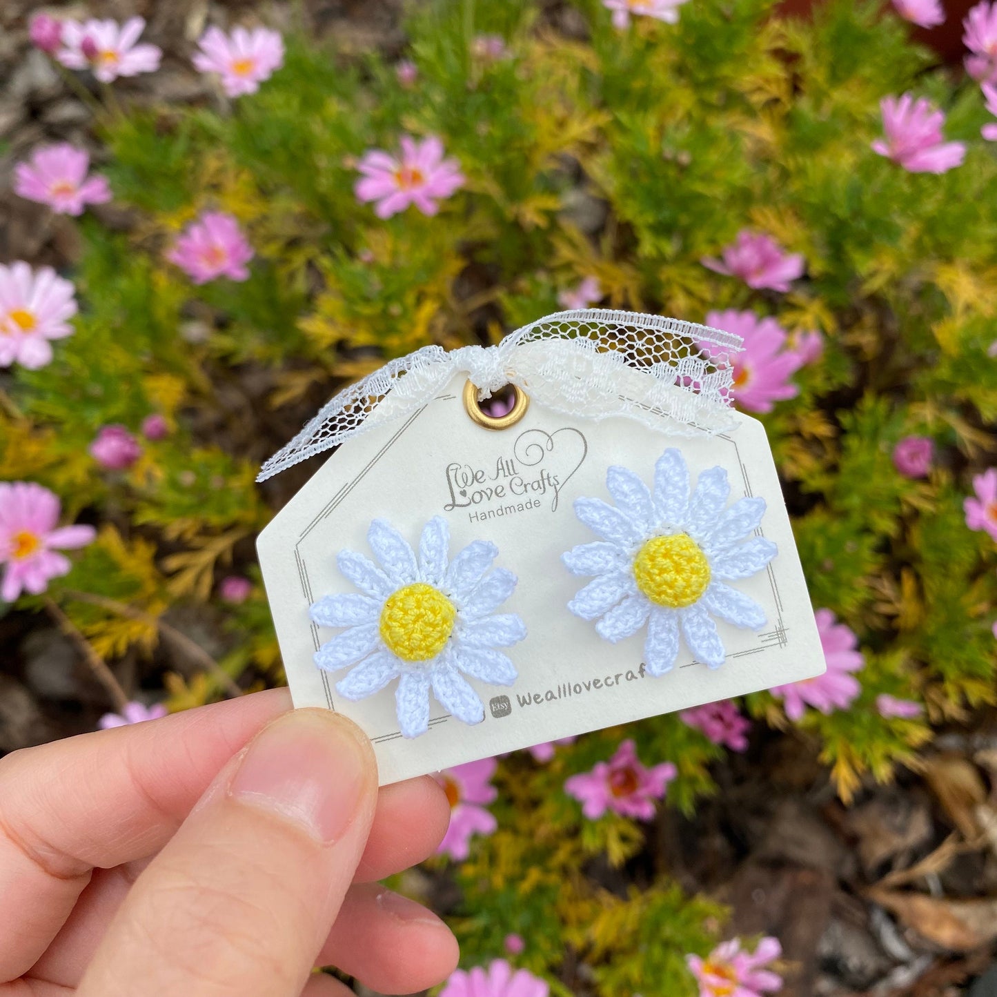 White Daisy flower crochet stud earrings/Microcrochet/Eco friendly Jewelry/Knitted/Spring floral outfit/Easter gift for her/Ship from US