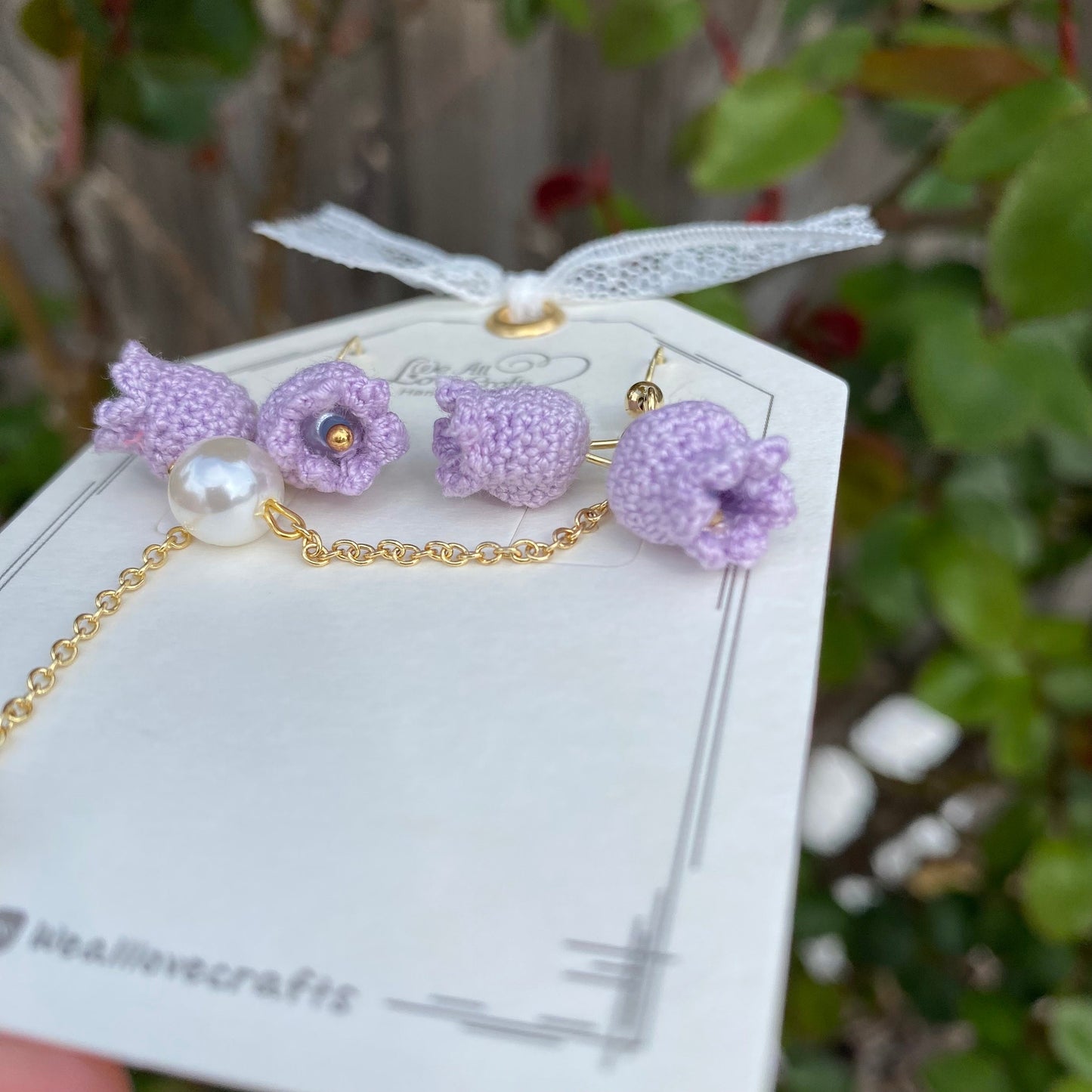 Load image into Gallery viewer, Purple Lily of the valley flower with pearl crochet dangle earrings/bell shaped/ Microcrochet/gift for her/Knitting handmade jewelry
