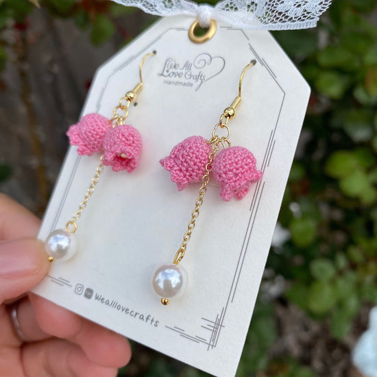 Pink Lily of the valley flower with pearl crochet dangle earrings/bell shaped/ Microcrochet/gift for her/Knitting handmade jewelry