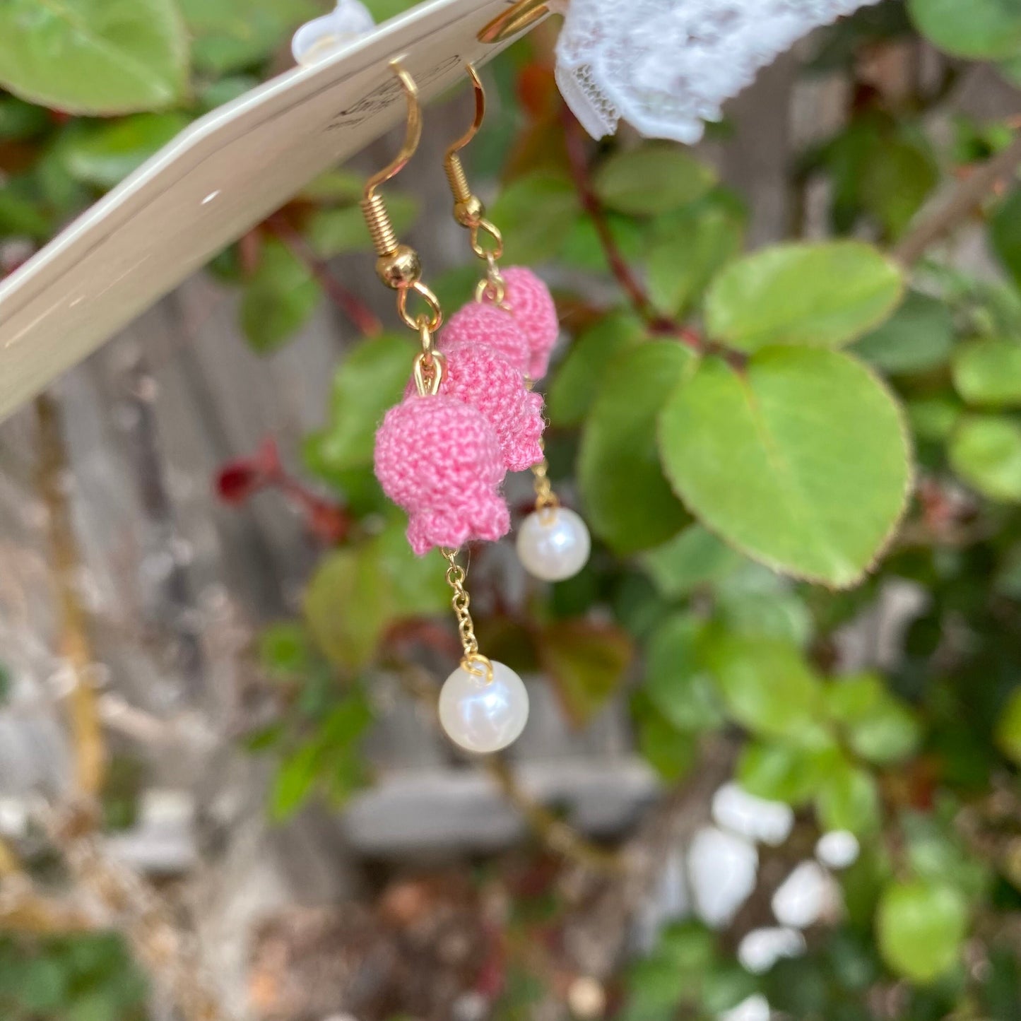 Pink Lily of the valley flower with pearl crochet dangle earrings/bell shaped/ Microcrochet/gift for her/Knitting handmade jewelry