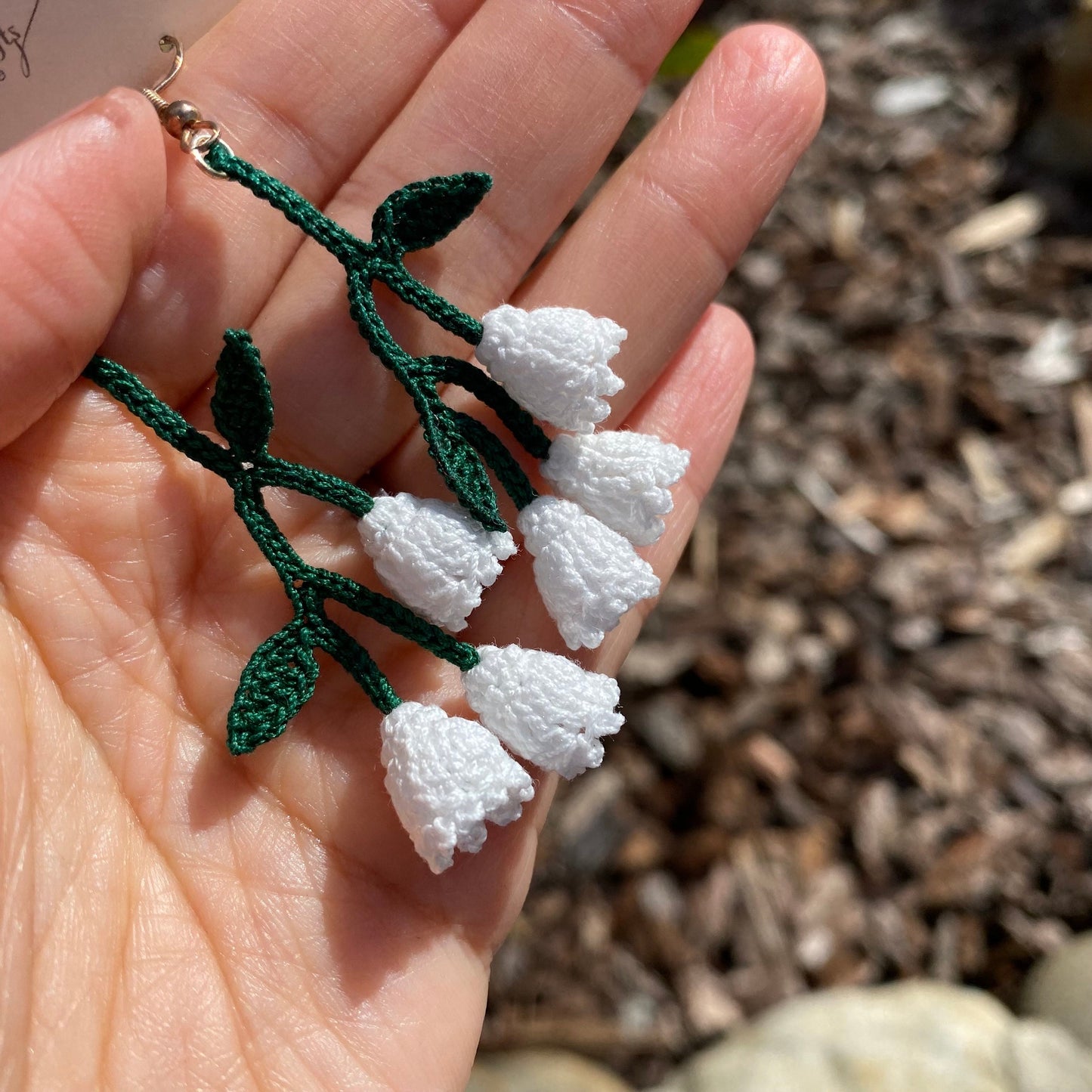 Lily of the valley flower crochet dangle earrings/Green bell shaped/ Microcrochet/Silver plated/gift for her/Knitting handmade jewelry