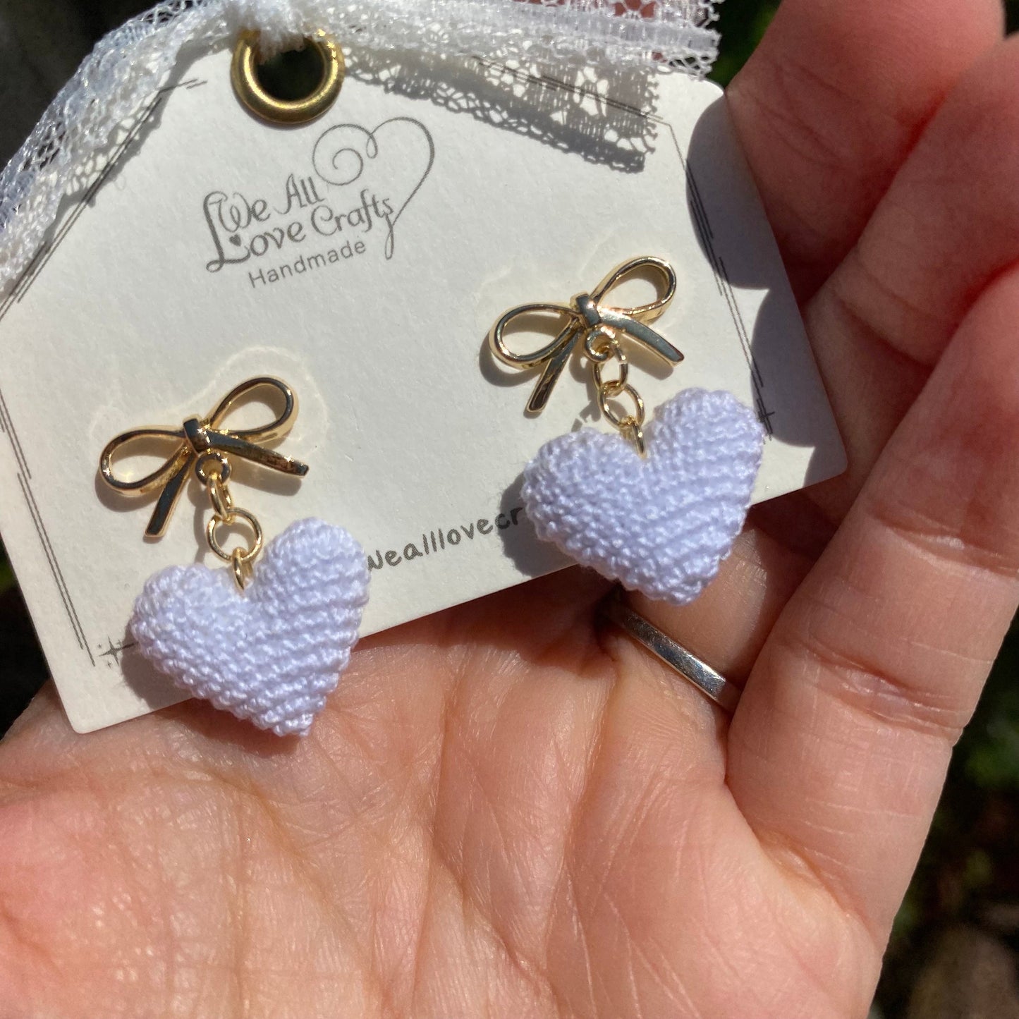 Load image into Gallery viewer, White 3D heart with gold bow tie crochet stud earrings/Microcrochet/14k gold plated/Valentine&amp;#39;s day gift for her/Knitting handmade jewelry
