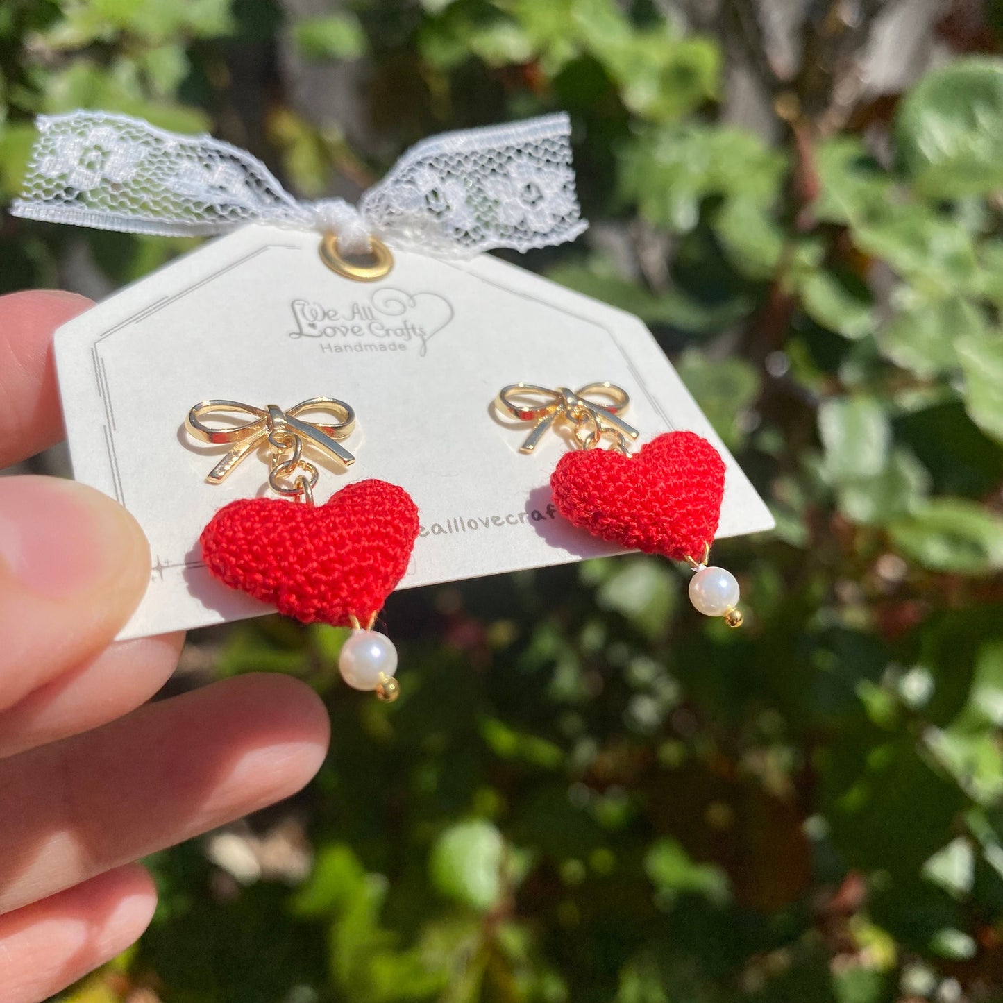 Red 3D heart with gold bow tie and pearl crochet stud earrings/Microcrochet/14k gold plated/gift for her/Knitting handmade jewelry