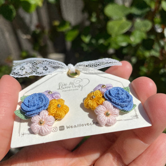 Blue Floral bouquet bundle Studs/Microcrochet/14k gold earrings/Spring gift for her/Knitting handmade jewelry/Retro vintage/Ship from US