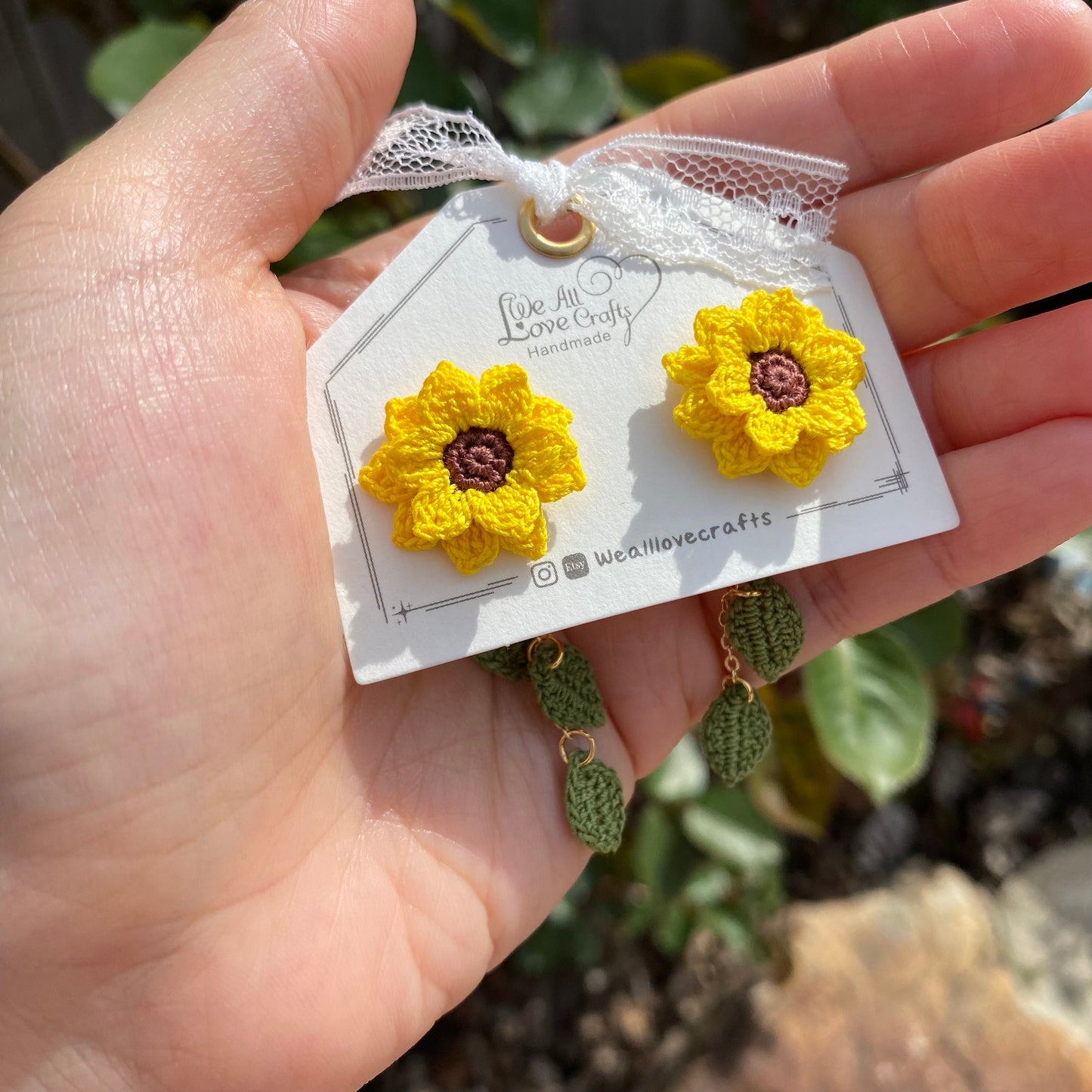 Yellow Sunflower dangle stud earrings/Microcrochet/14k gold/fall flower gift for her/Knitting handmade jewelry/Ship from US