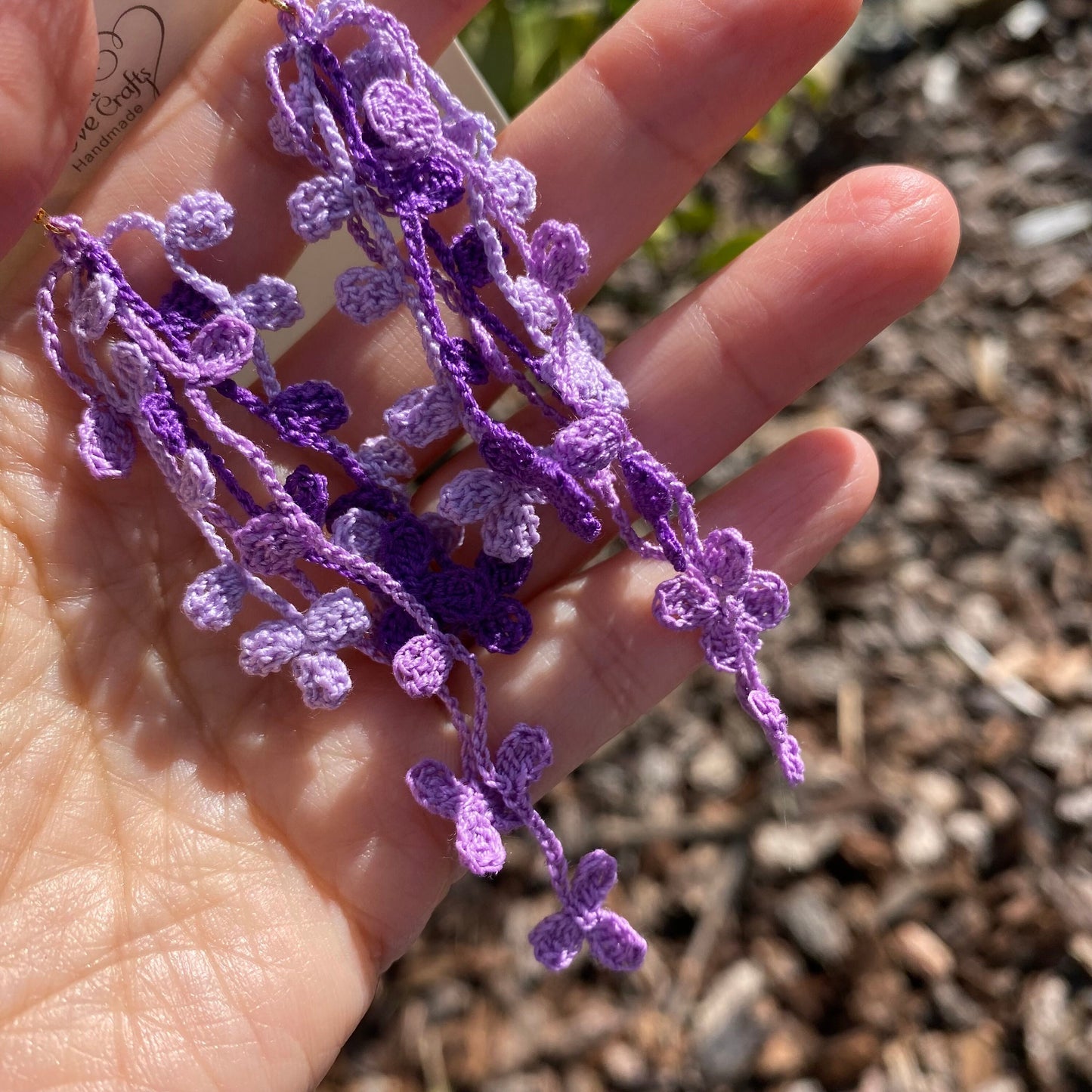 Purple two toned Wisteria floral spray crochet earrings/Knitted dangle vine/Mircrocrochet jewelry/Black flower/14k gold plated/Ship from US