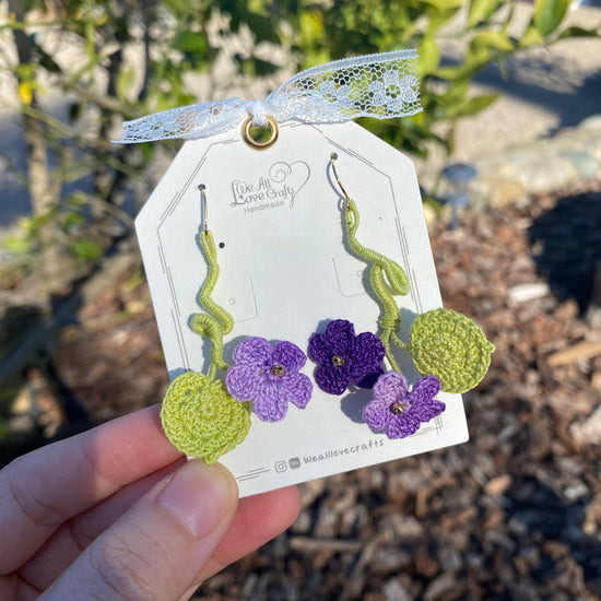 Purple Ombre flower branch with leaves crochet earrings/Microcrochet/knitted jewelry/flower spray Asymmetrical/Gift for her/Ship from US