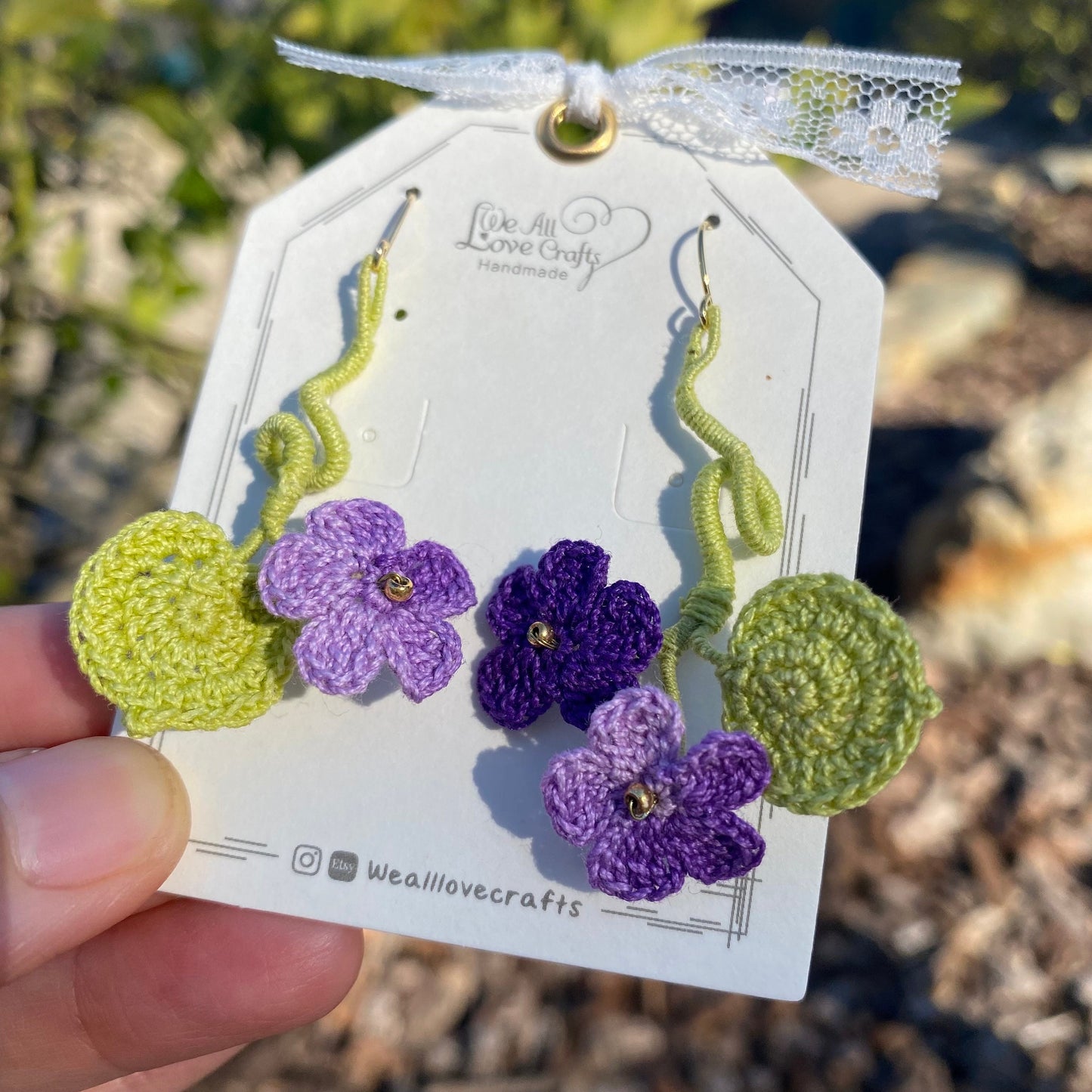Purple Ombre flower branch with leaves crochet earrings/Microcrochet/knitted jewelry/flower spray Asymmetrical/Gift for her/Ship from US