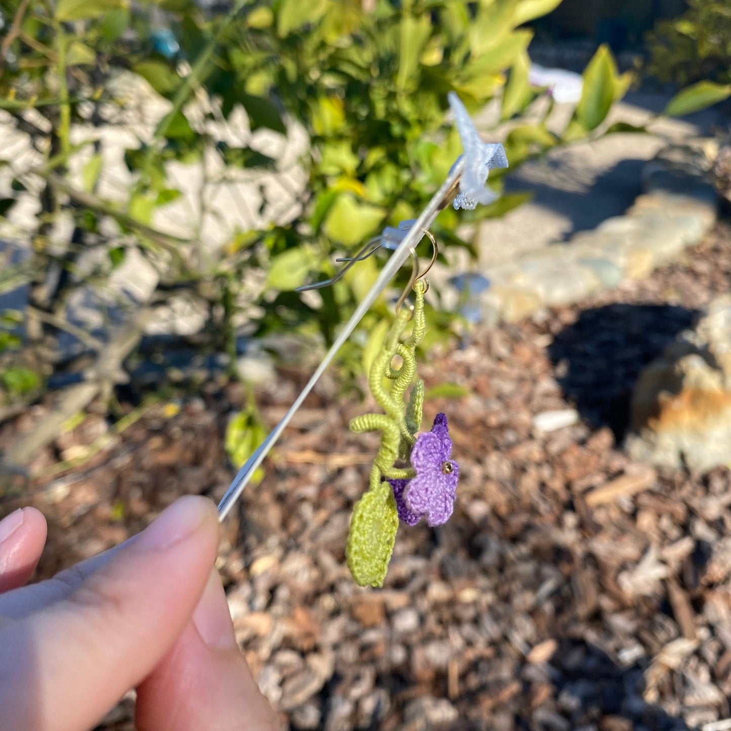 Purple Ombre flower branch with leaves crochet earrings/Microcrochet/knitted jewelry/flower spray Asymmetrical/Gift for her/Ship from US