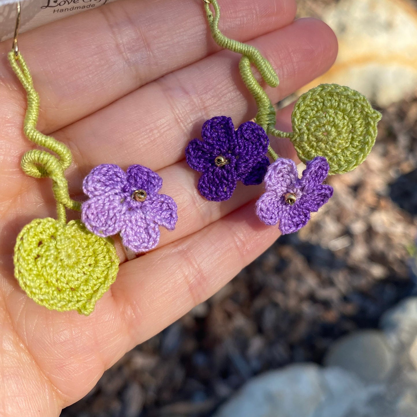 Purple Ombre flower branch with leaves crochet earrings/Microcrochet/knitted jewelry/flower spray Asymmetrical/Gift for her/Ship from US