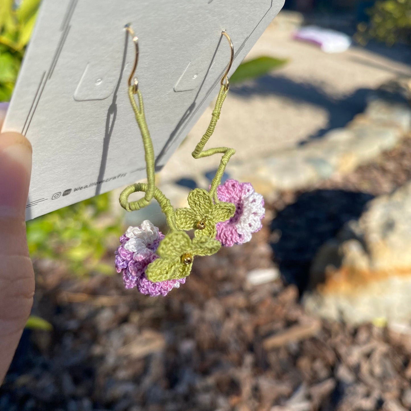 Purple Globe Amaranth flower branch with leaves crochet earrings/Microcrochet/knitted jewelry/flower spray/Gift for her/Ship from US