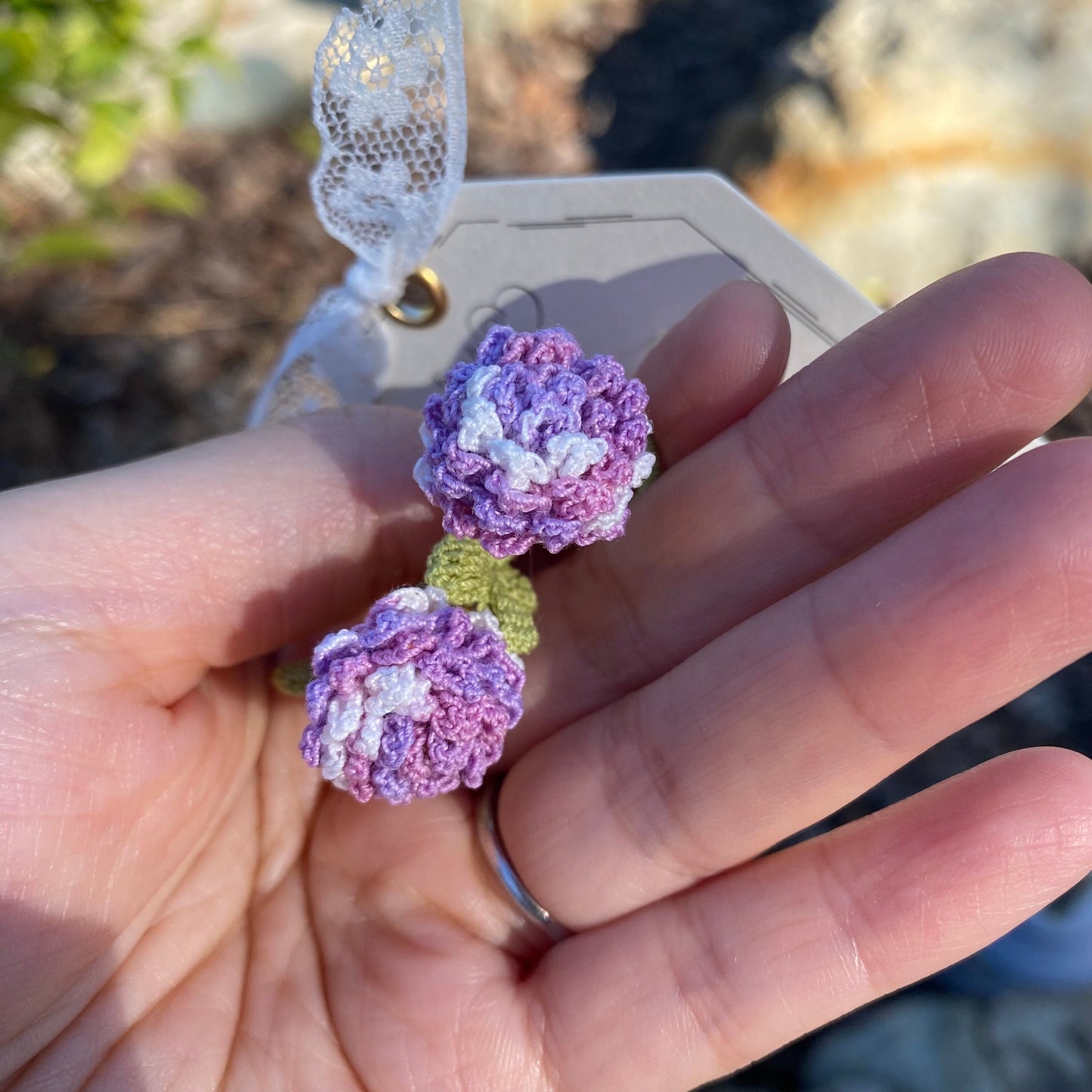 Purple Globe Amaranth flower branch with leaves crochet earrings/Microcrochet/knitted jewelry/flower spray/Gift for her/Ship from US