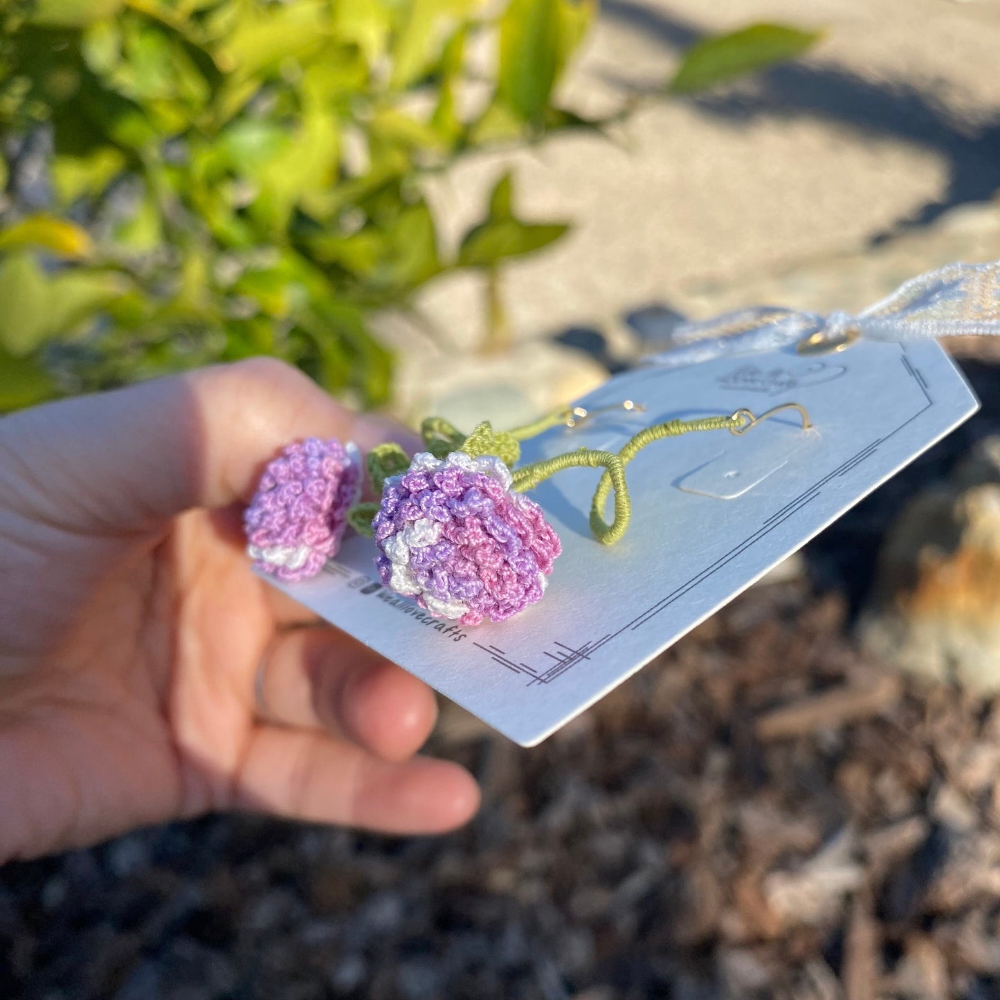 Purple Globe Amaranth flower branch with leaves crochet earrings/Microcrochet/knitted jewelry/flower spray/Gift for her/Ship from US