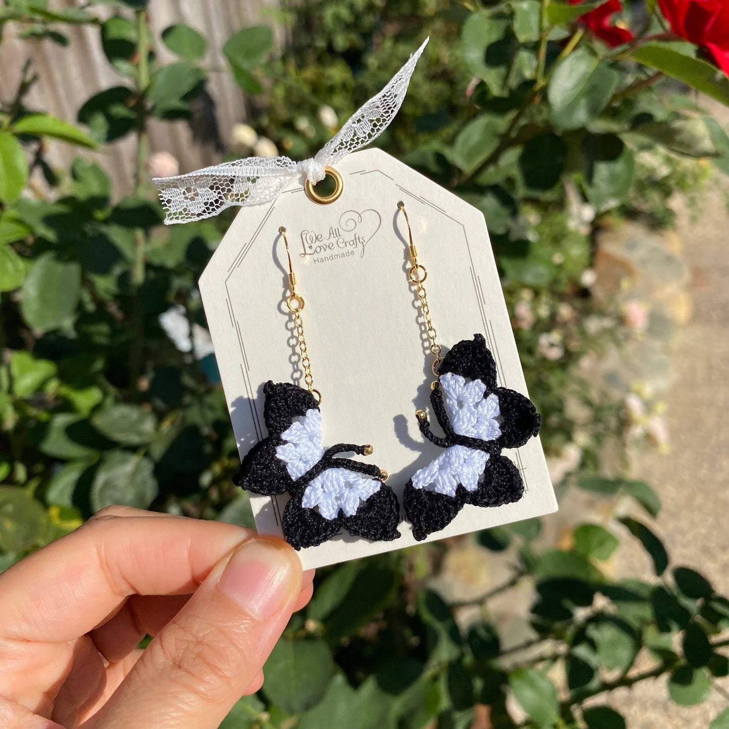 Black and White marble Butterfly crochet dangle earrings/Microcrochet/gift for her/Knitting handmade jewelry/Butterfly garden present