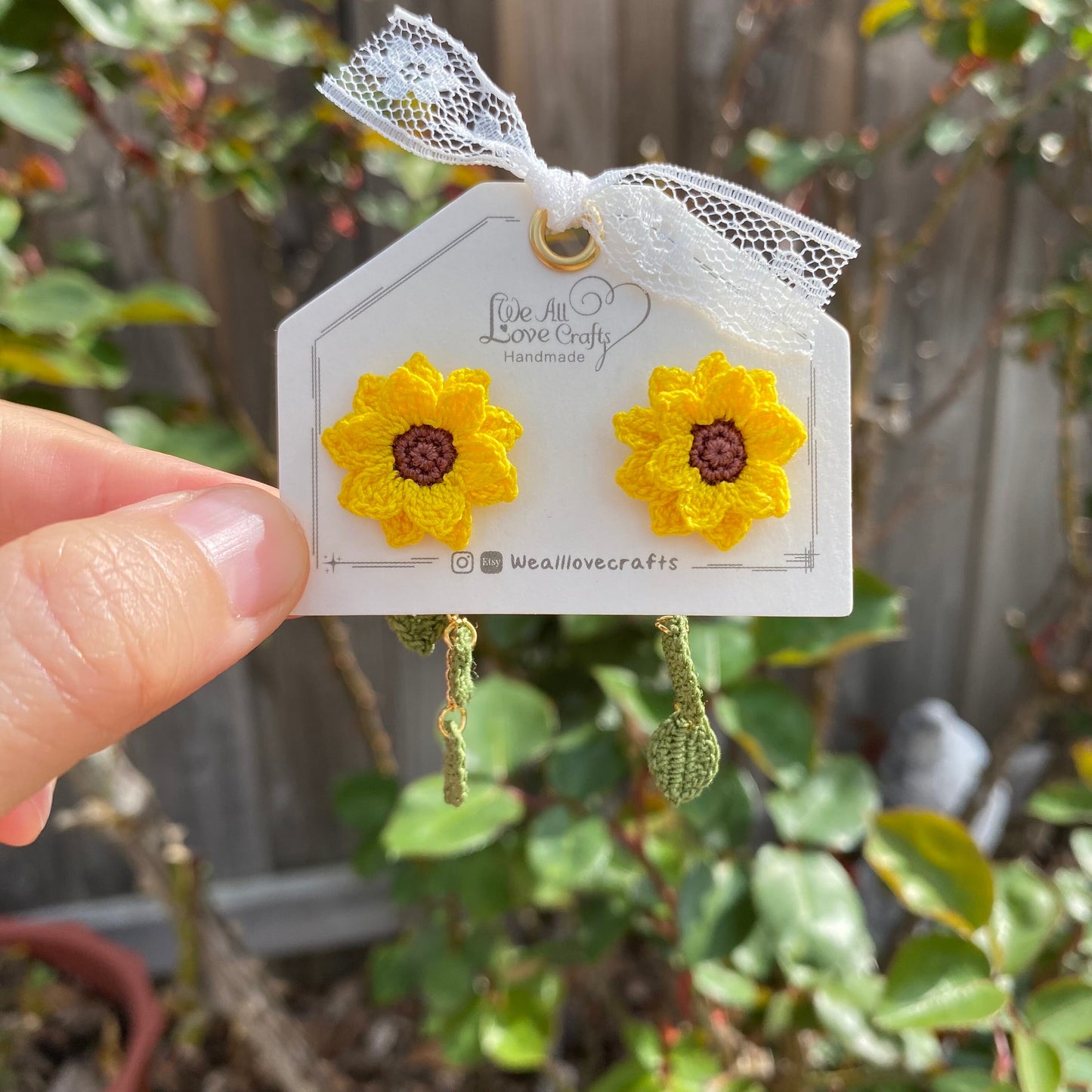 Yellow Sunflower dangle stud earrings/Microcrochet/14k gold/fall flower gift for her/Knitting handmade jewelry/Ship from US