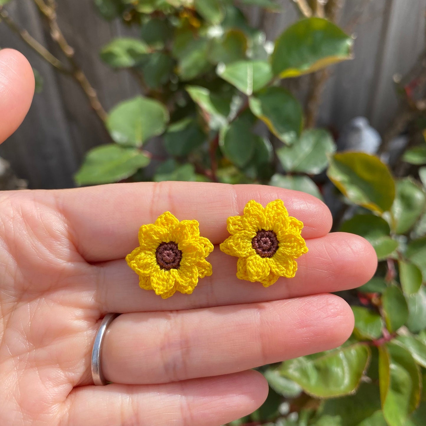 Yellow Sunflower dangle stud earrings/Microcrochet/14k gold/fall flower gift for her/Knitting handmade jewelry/Ship from US