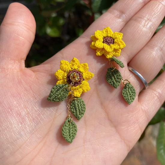 Load image into Gallery viewer, Yellow Sunflower dangle stud earrings/Microcrochet/14k gold/fall flower gift for her/Knitting handmade jewelry/Ship from US
