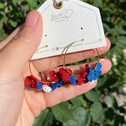 Red White and Blue flower cluster crochet hoop earrings/Microcrochet/14k gold/gift for her/Knitting handmade jewelry/Ship from US