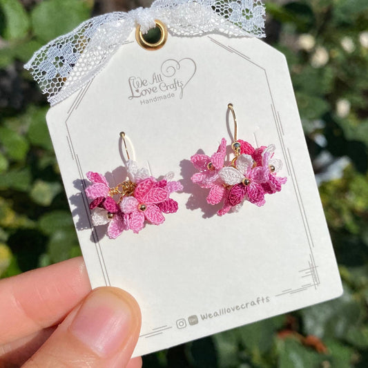Pink ombre flower cluster ball crochet dangle stud earrings/Micro crochet/14k gold plated/gift for her/Knit handmade jewelry/Ship from US