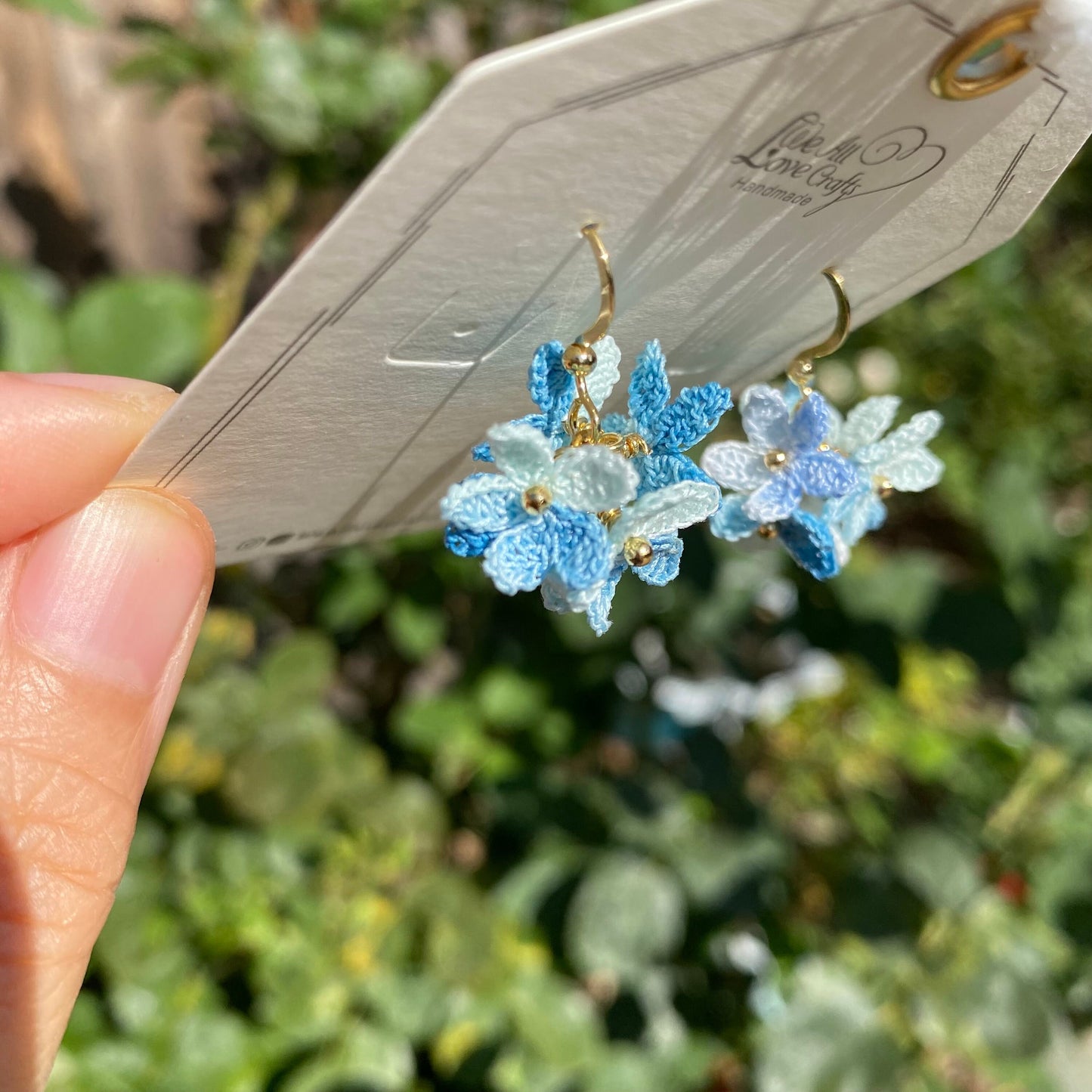 Blue ombre flower cluster ball crochet dangle stud earrings/Micro crochet/14k gold plated/gift for her/Knit handmade jewelry/Ship from US