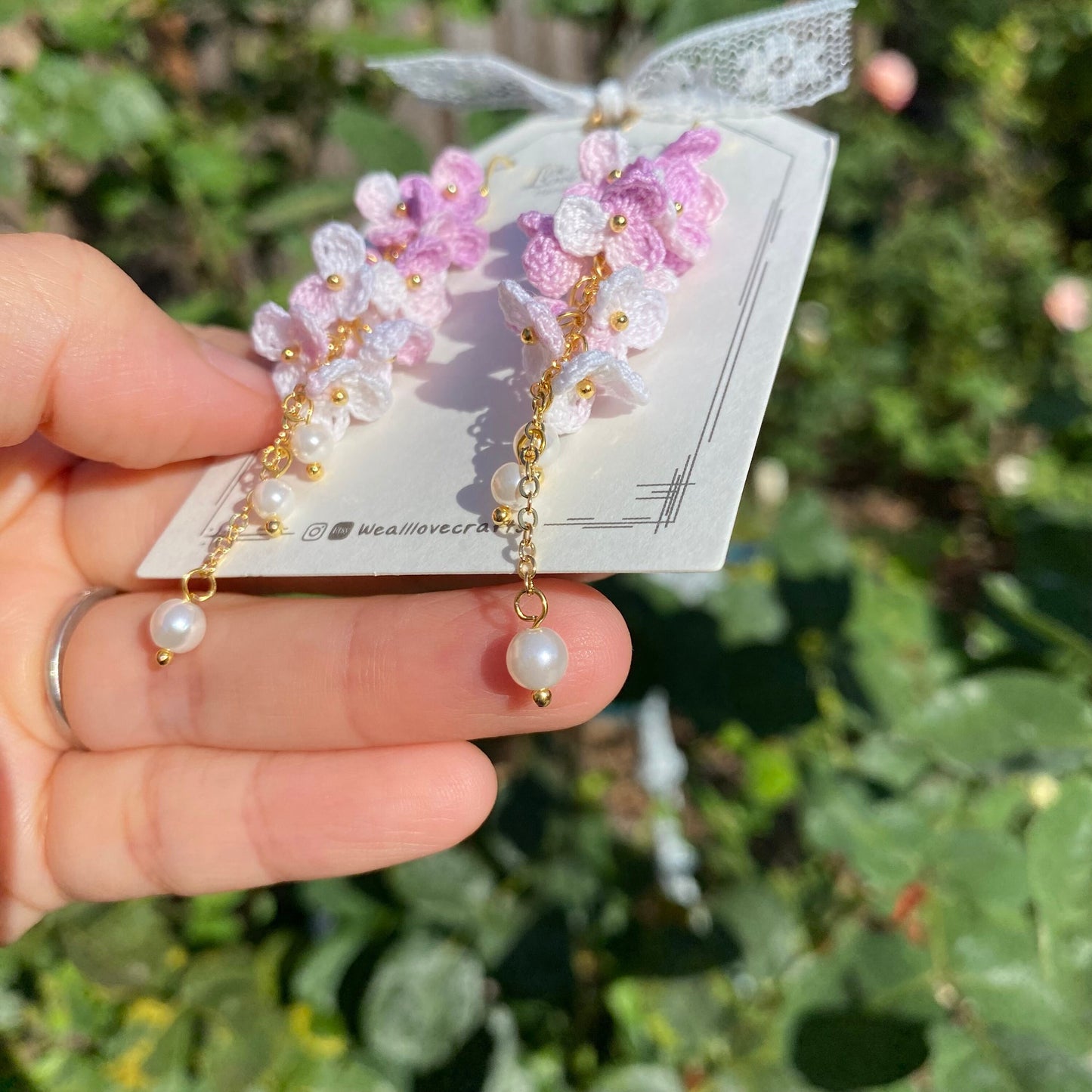 Light purple and pink ombre flower cluster crochet dangle earrings/Microcrochet/14k gold/gift for her/Knitting handmade jewelry/Ship from US
