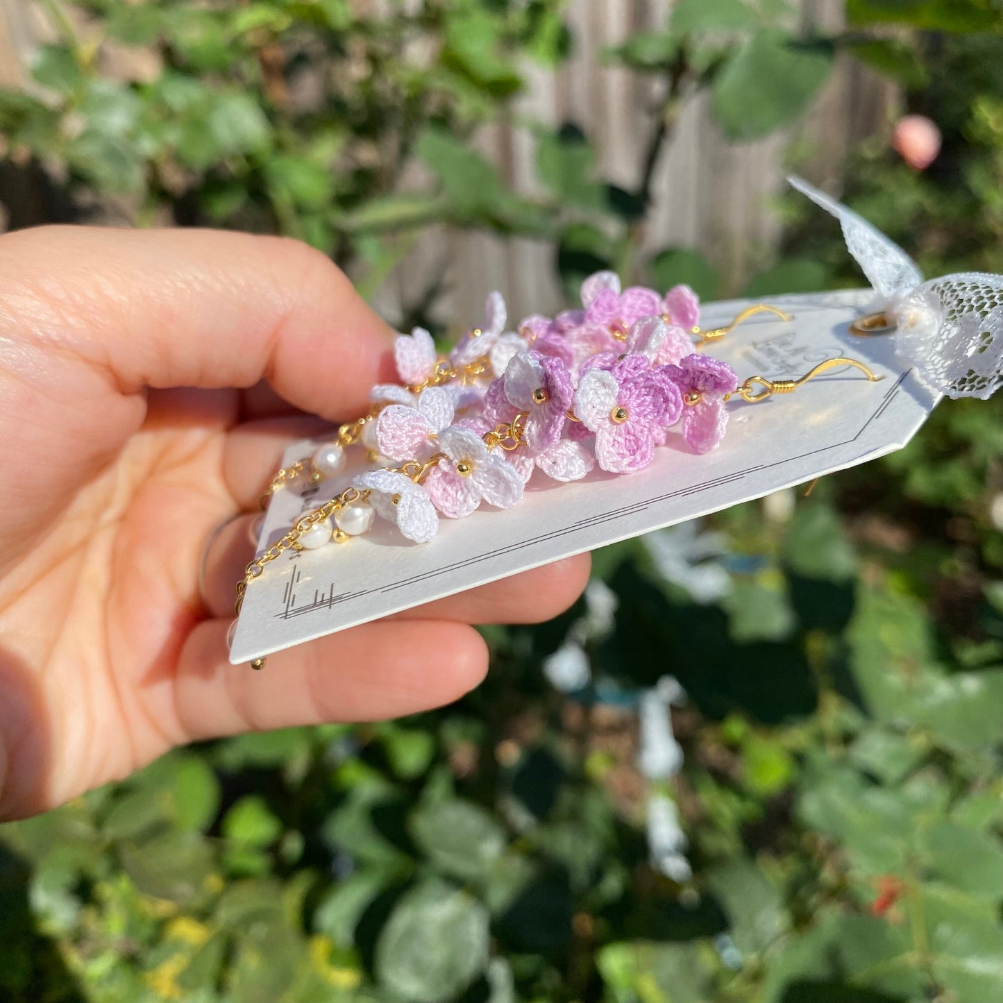 Light purple and pink ombre flower cluster crochet dangle earrings/Microcrochet/14k gold/gift for her/Knitting handmade jewelry/Ship from US