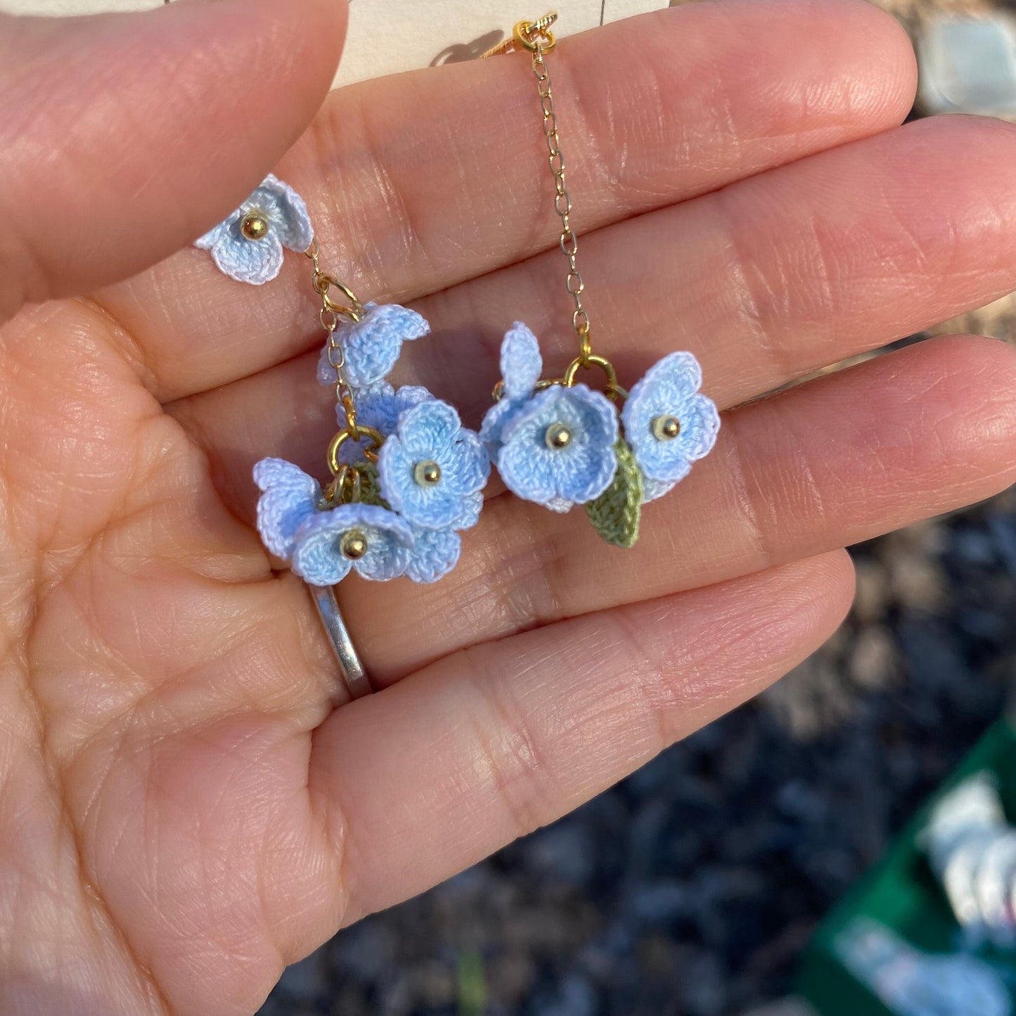 Blue  flower cluster crochet dangle stud earrings/Micro crochet/14k gold plated/gift for her/Knitting handmade jewelry/Ship from US