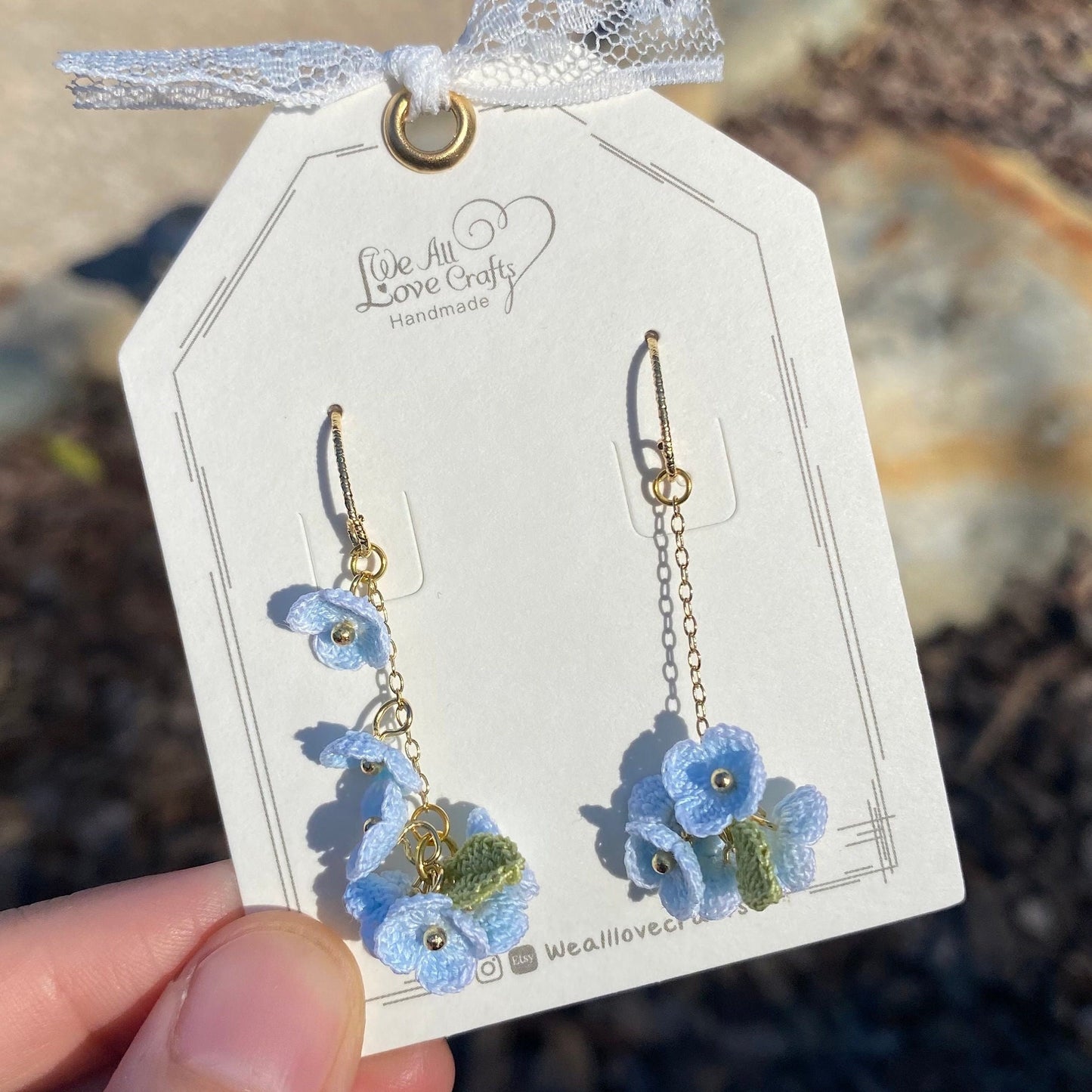 Blue  flower cluster crochet dangle stud earrings/Micro crochet/14k gold plated/gift for her/Knitting handmade jewelry/Ship from US