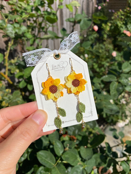 Load image into Gallery viewer, Larger Yellow Ombre Sunflower dangle earrings/Microcrochet/14k gold/fall flower gift for her/Knitting handmade jewelry/Ship from US
