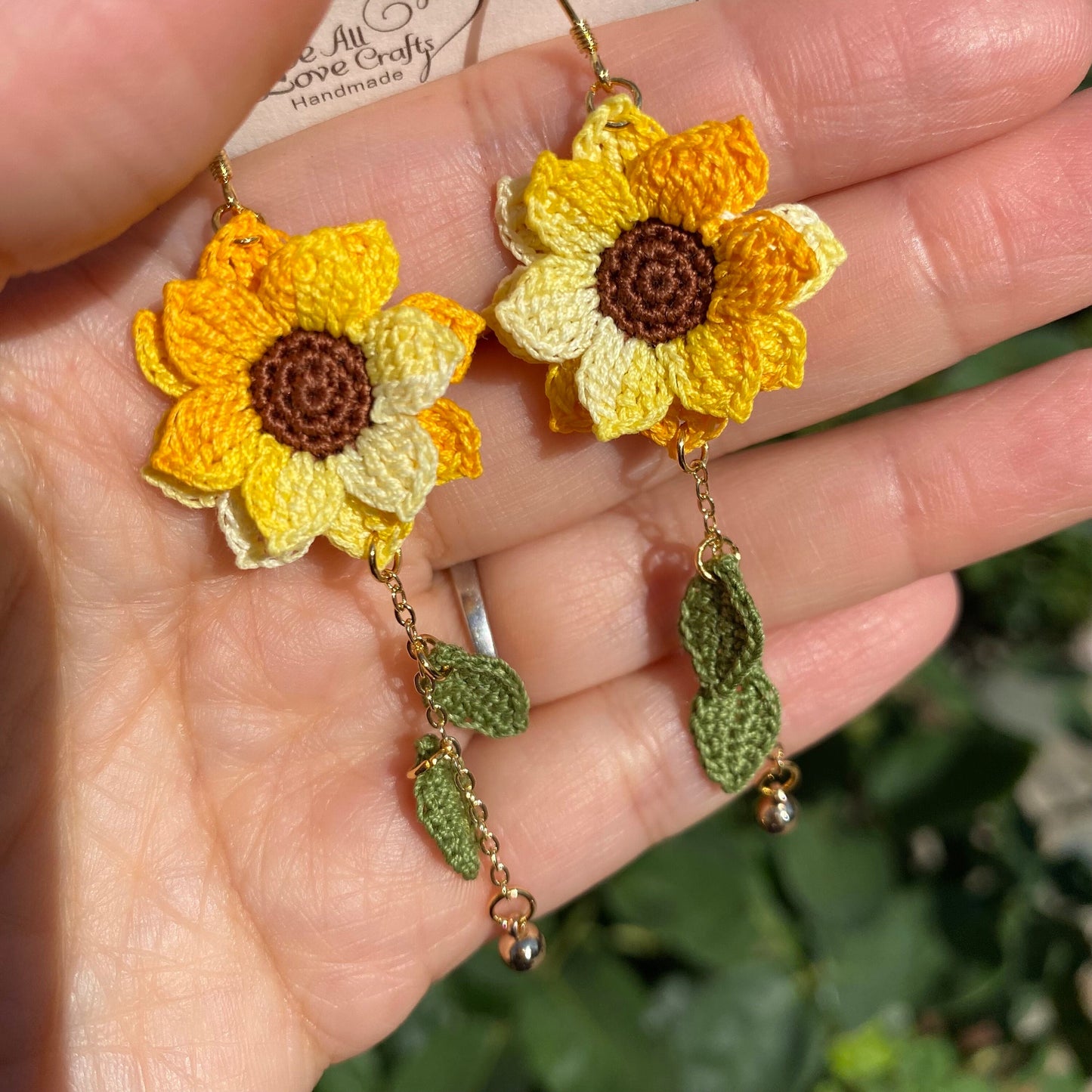 Load image into Gallery viewer, Larger Yellow Ombre Sunflower dangle earrings/Microcrochet/14k gold/fall flower gift for her/Knitting handmade jewelry/Ship from US
