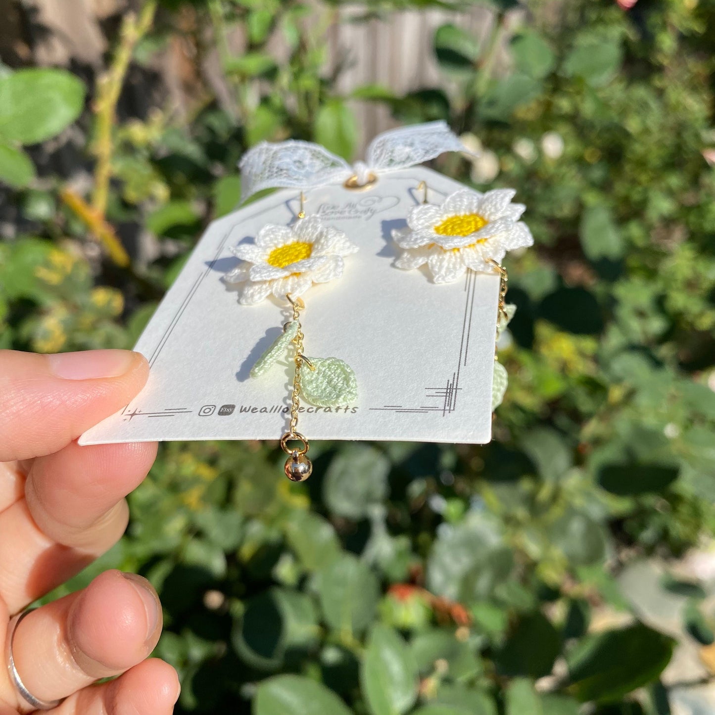 Larger White Sunflower dangle earrings/Microcrochet/14k gold/fall flower gift for her/Knitting handmade jewelry/Ship from US
