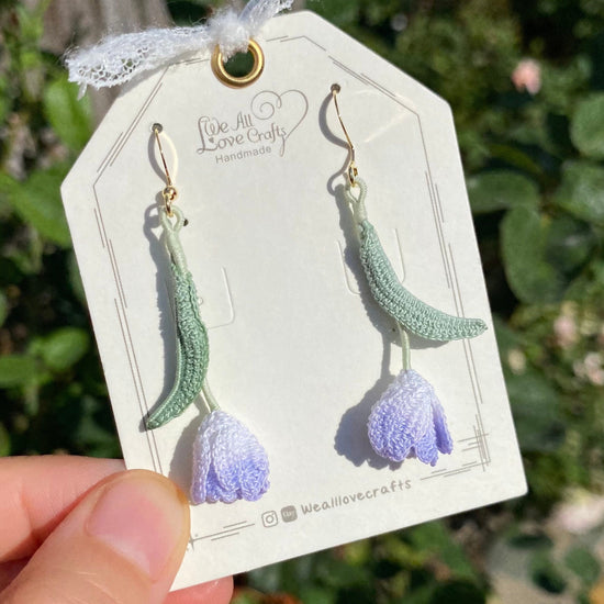 Purple Tulip flower crochet dangle earrings/Microcrochet/14k gold/Spring floral gift for her/Knitting handmade jewelry/Ship from US