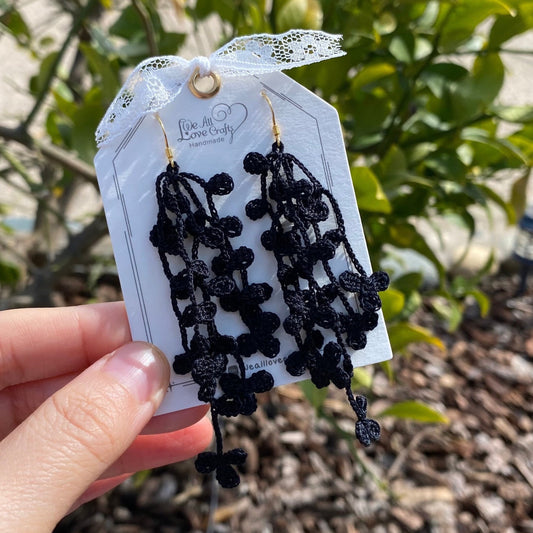 Black Wisteria floral spray crochet earrings/Knitted dangle vine/Mircrocrochet jewelry/Black flower earrings/14k gold plated/Ship from US