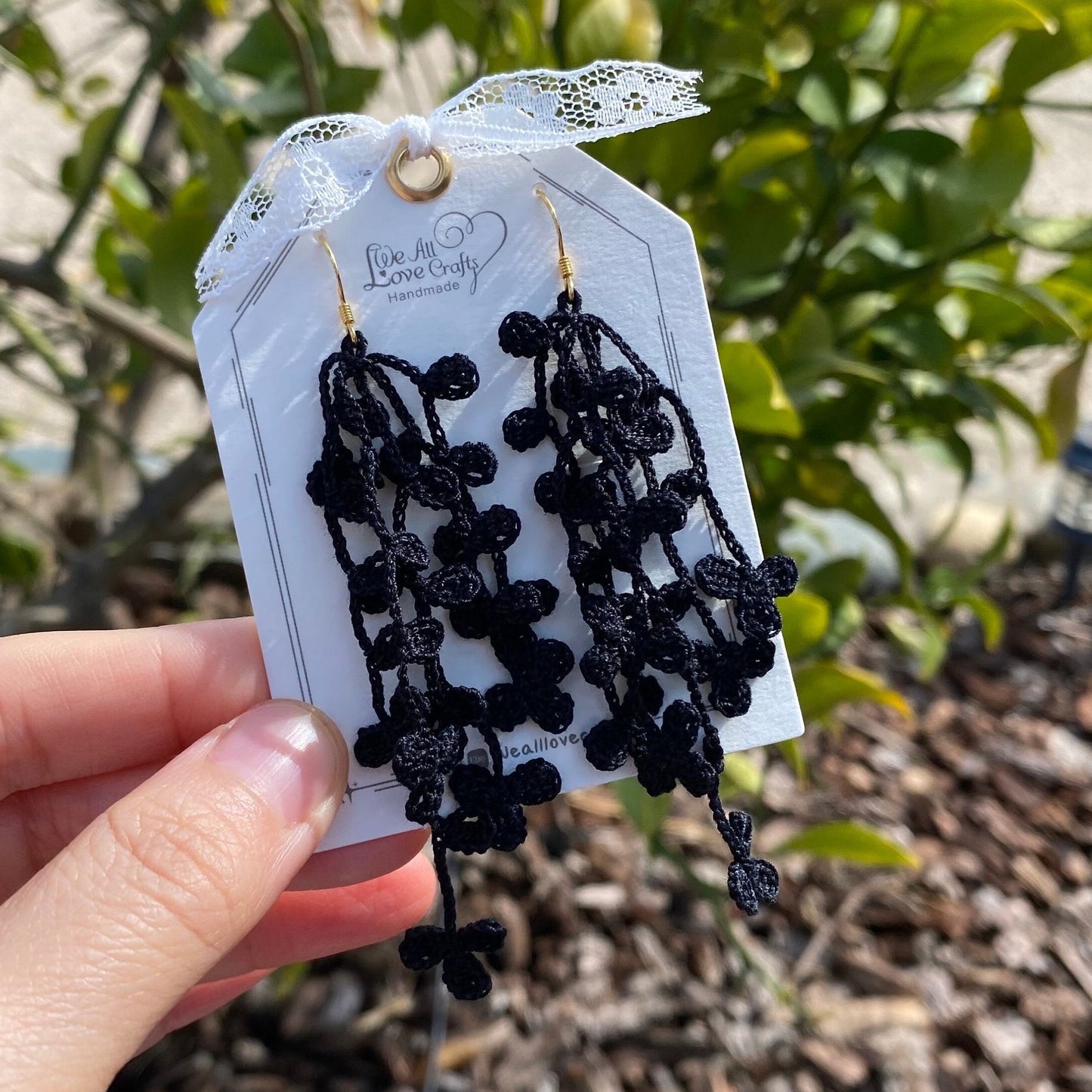Load image into Gallery viewer, Black Wisteria floral spray crochet earrings/Knitted dangle vine/Mircrocrochet jewelry/Black flower earrings/14k gold plated/Ship from US
