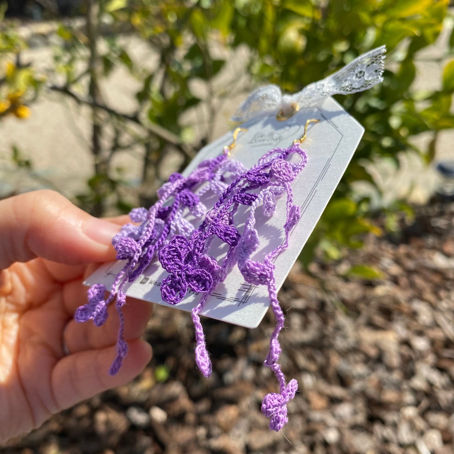 Purple two toned Wisteria floral spray crochet earrings/Knitted dangle vine/Mircrocrochet jewelry/Black flower/14k gold plated/Ship from US