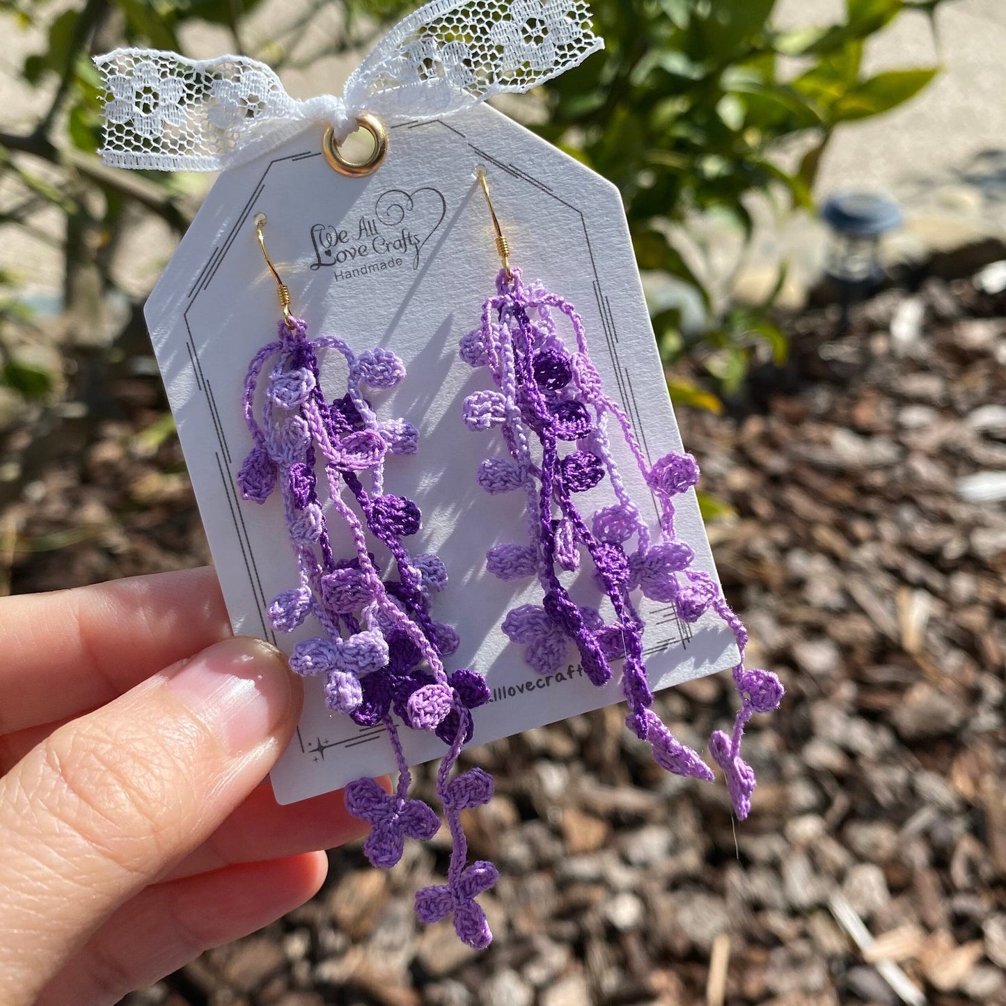 Purple two toned Wisteria floral spray crochet earrings/Knitted dangle vine/Mircrocrochet jewelry/Black flower/14k gold plated/Ship from US