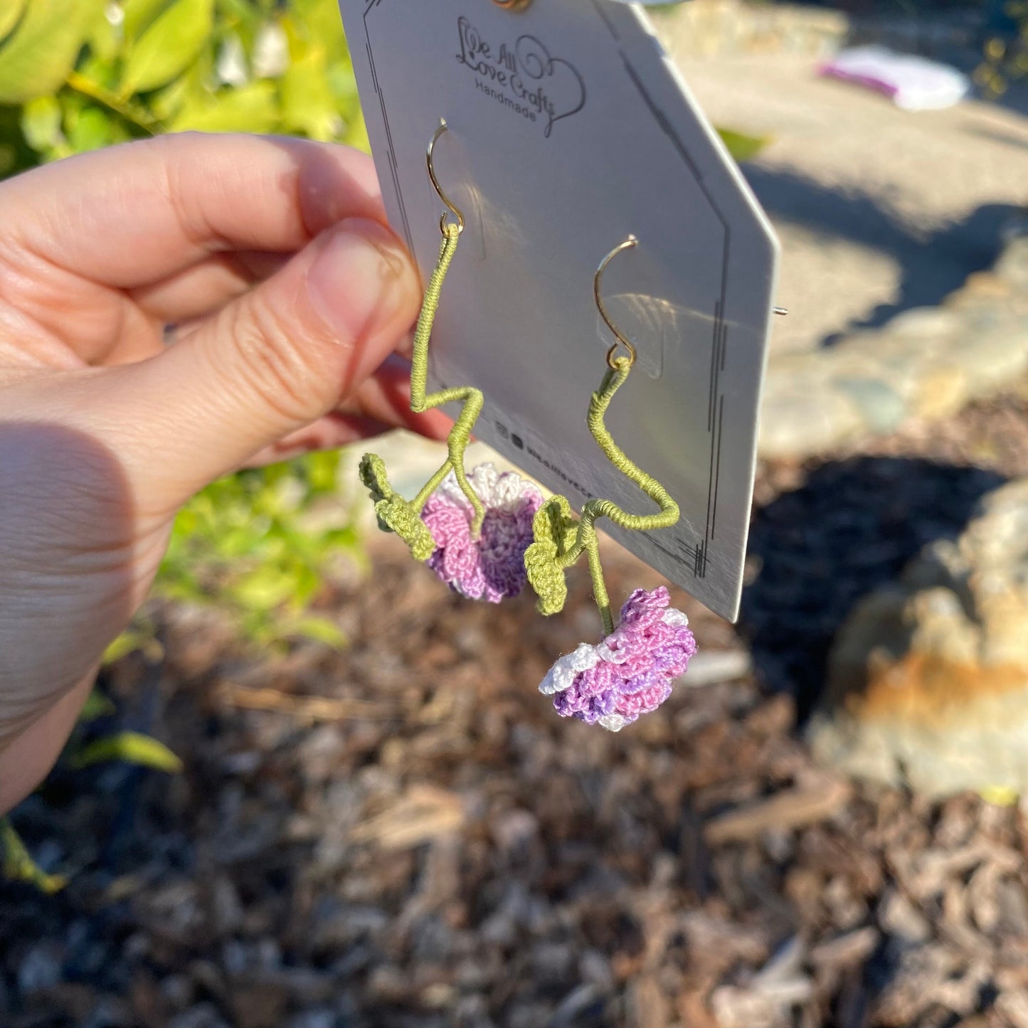 Purple Globe Amaranth flower branch with leaves crochet earrings/Microcrochet/knitted jewelry/flower spray/Gift for her/Ship from US